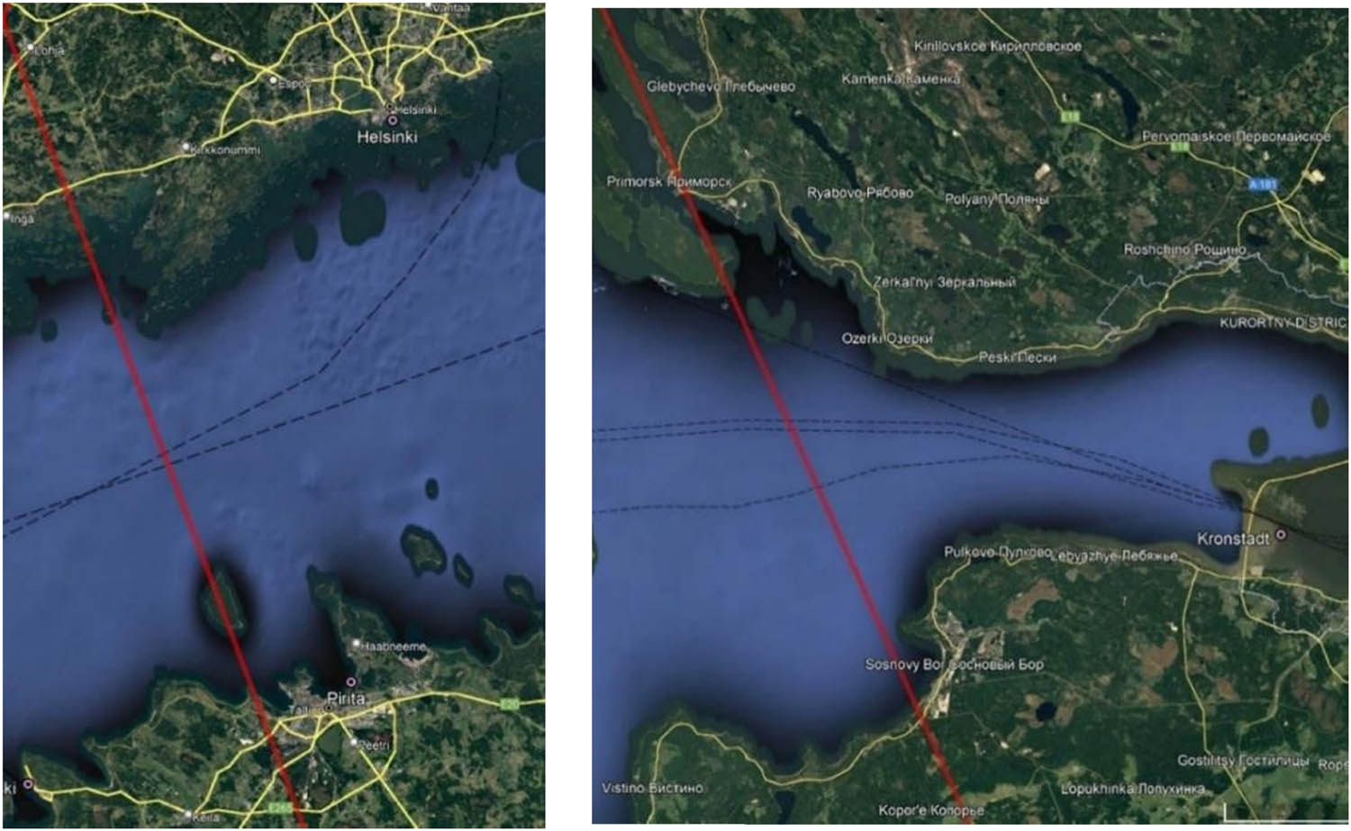 Figure 8
Examples of Sentinel-3A satellite track locations: (left) track 0625 and used stations of Pirita and Helsinki, which had the lowest RMSE and (right) Track 0425 and station Kronstadt, which had the largest RMSE.