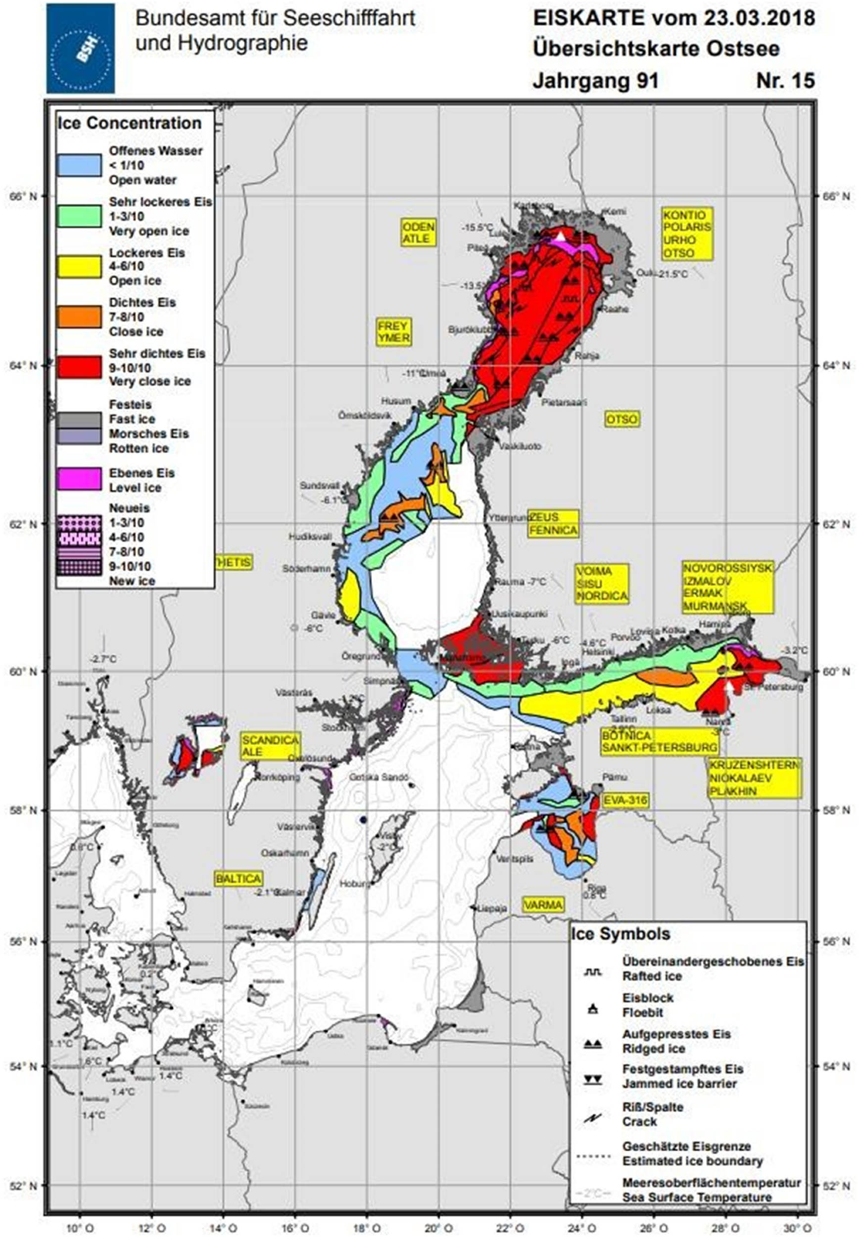 Figure 10
Ice chart from 23 March 2018 which possibly explains the poor accuracy DT during March 2018 (BSH, 2018).
