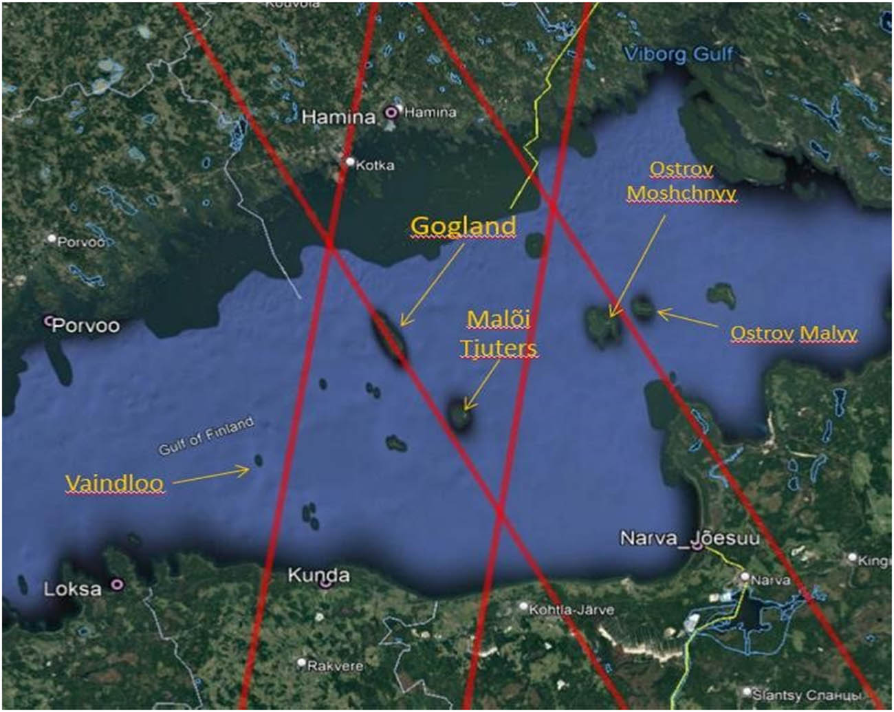 Figure 11
Location of tracks (from west to east) 0414, 0197, 0528, and 0311 and the stations of Kunda, Narva-Jõesuu, Kronstadt, and Hamina.