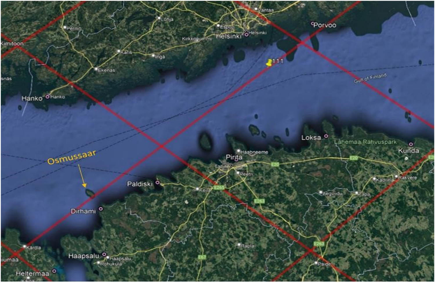 Figure 13
Tracks of Sentinel-6A and Jason-3, which pass over the Gulf of Finland. The track 0111 is marked by a yellow marker.