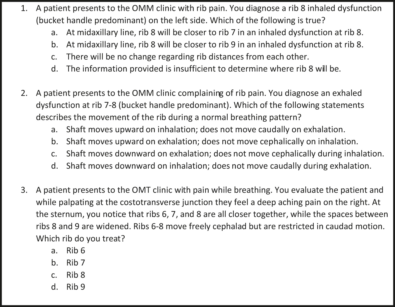 Figure 5: Entry and exit survey questions regarding rib knowledge.OMM, osteopathic manipulative medicine; OMT, osteopathic manipulative treatment.