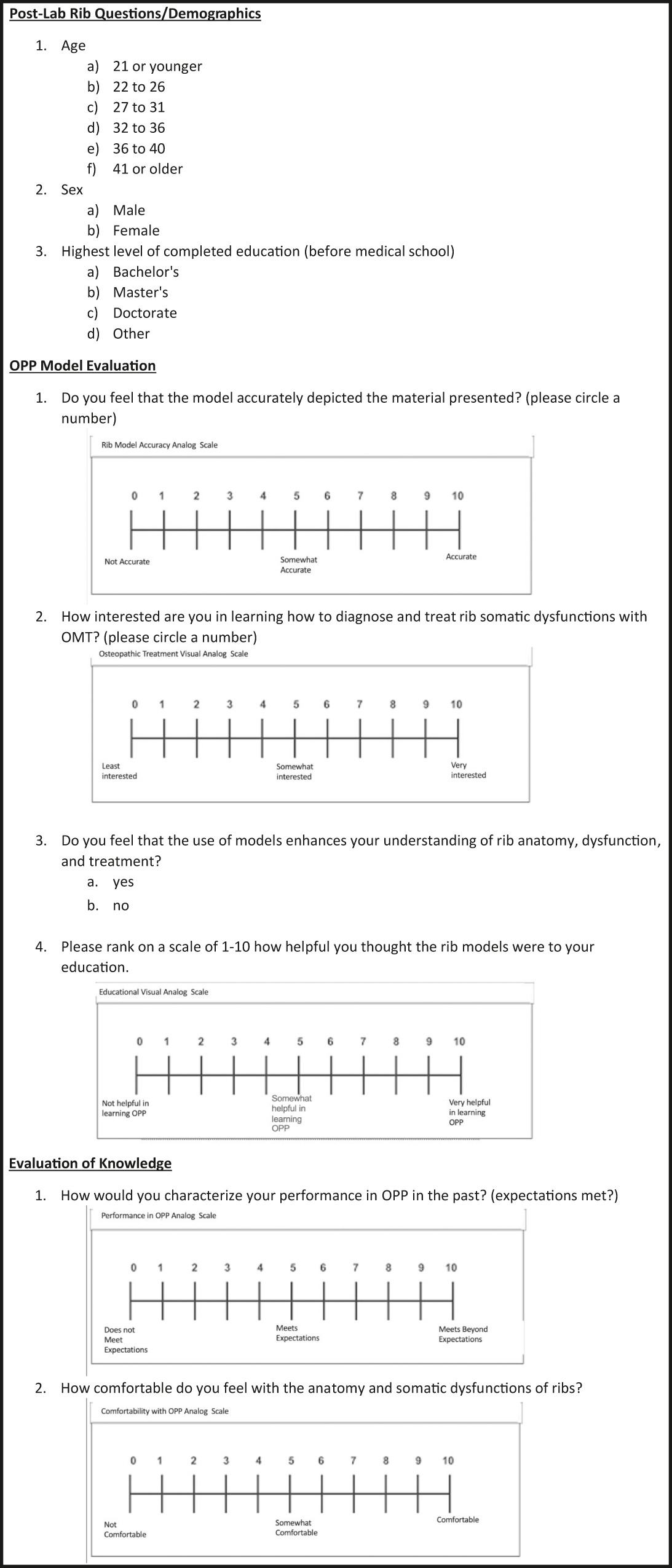 Figure 6: Exit survey questions assessing participant demographics and evaluation of the 3D model. OMT, osteopathic manipulative therapy; OPP, osteopathic principles and practice.