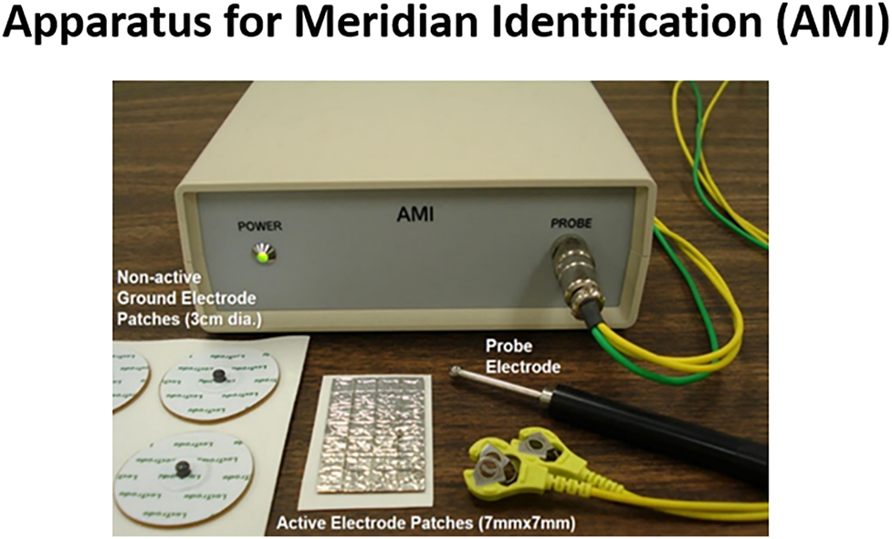 Figure 2: 
Apparatus for meridian identification (AMI) equipment setup. AMI was invented, developed, and researched by Hiroshi Motoyama, PhD [32, 33]. The 7 × 7 mm metal active electrode patches with conductive gel are utilized at the Ting points on the fingers and toes, while the ground electrodes are placed on the forearm. (Photo courtesy of California Institute for Human Science, Encinitas, CA).
