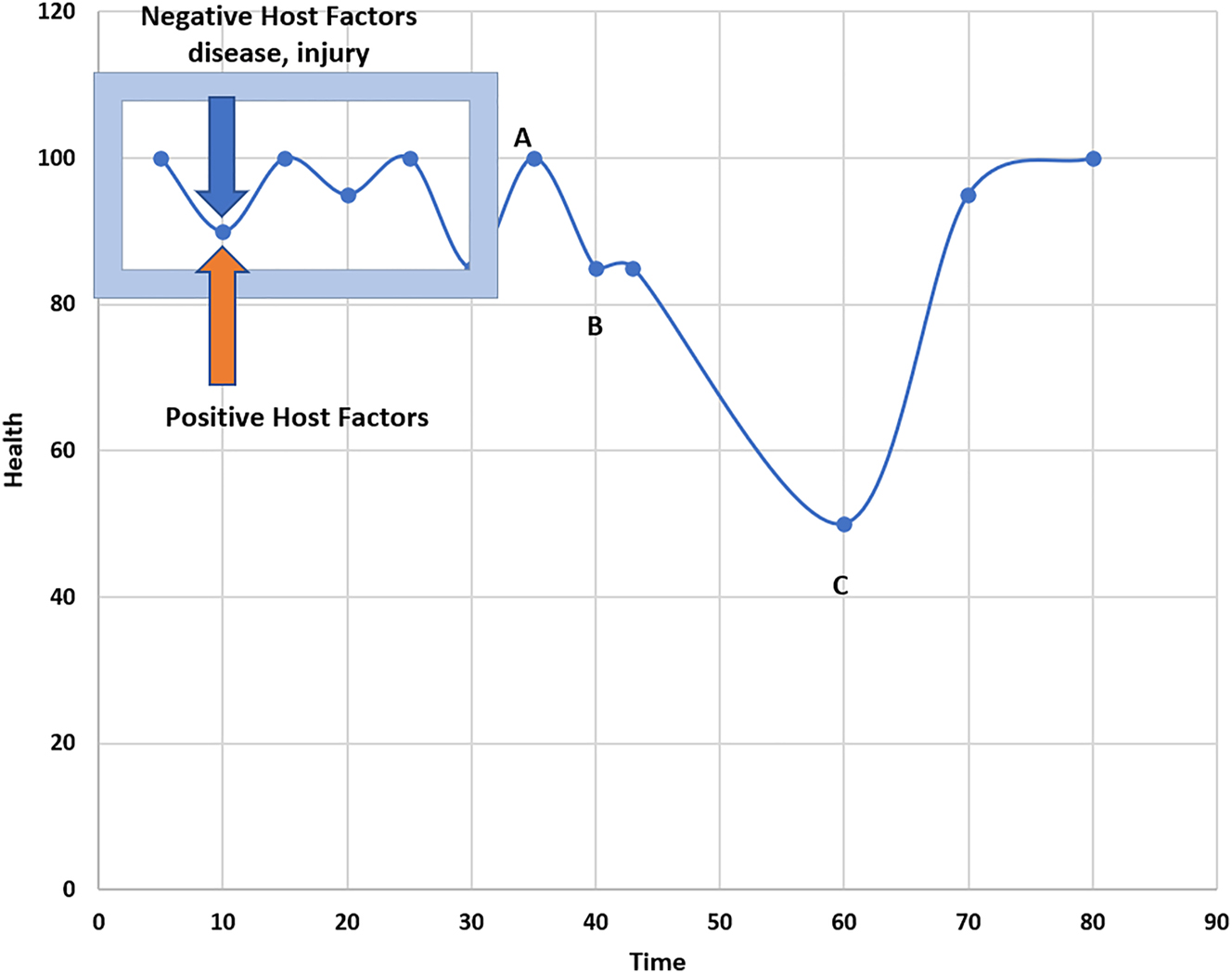Figure 1: 
The alternative stable states model of human health in a hypothetical case. If a person starts at off 100% health, negative host factors, disease, or injury can affect the state of his or her health. At that point, positive host factors or adjustments on the part of the person (drinking more water, sleeping more, or taking medications) can be sufficient to help them return to a state of normal health. The box illustrates a range of randomness that the patient’s system can tolerate without decompensating. At Point A, the patient has received an injury, such as a blow to the ribs. The system attempts to compensate for this somatic dysfunction through Point B, which is a predisease state, and then decompensates into an illness state. At Point C, a properly applied intervention, such as OMM, is sufficient to help them return close to a state of normal health, which can increase back to normality given enough time and without any other incident.

