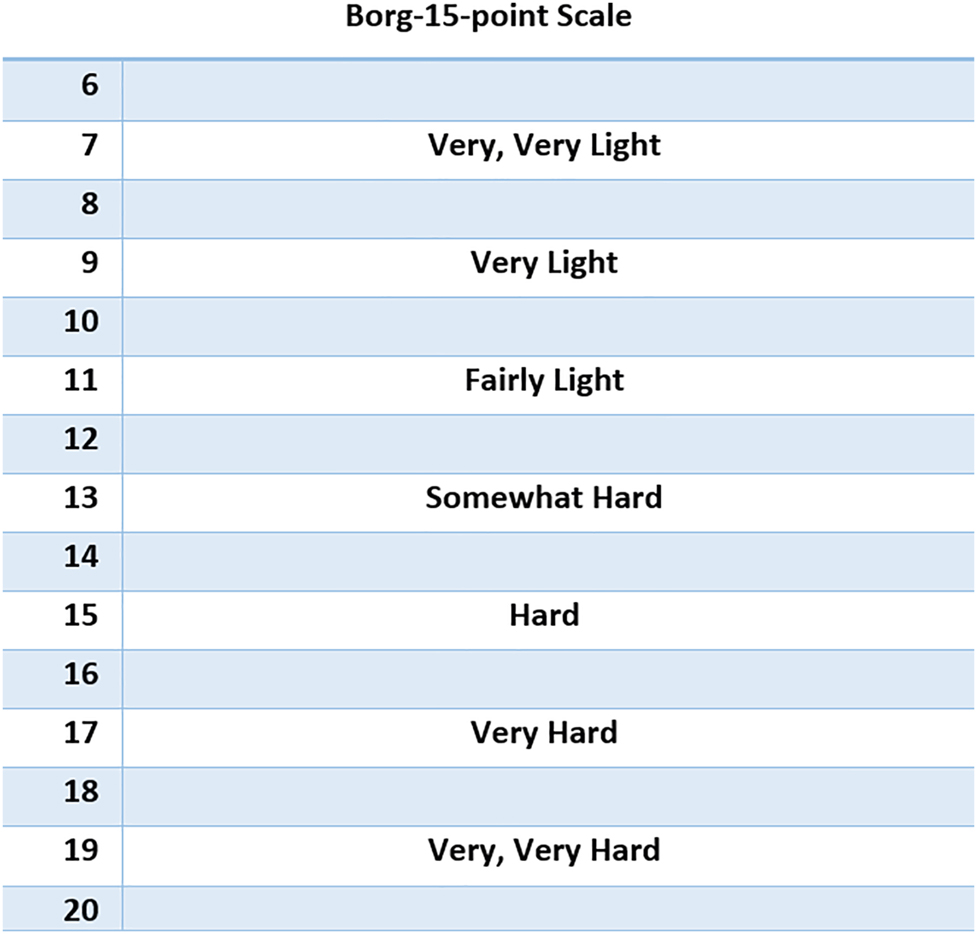 Figure 2:
The Borg 15-point scale was utilized to evaluate the participants’ perceived exertion after each study activity.
The scale ranges from 6 to 20, reflecting a range between very light exertion to very hard.