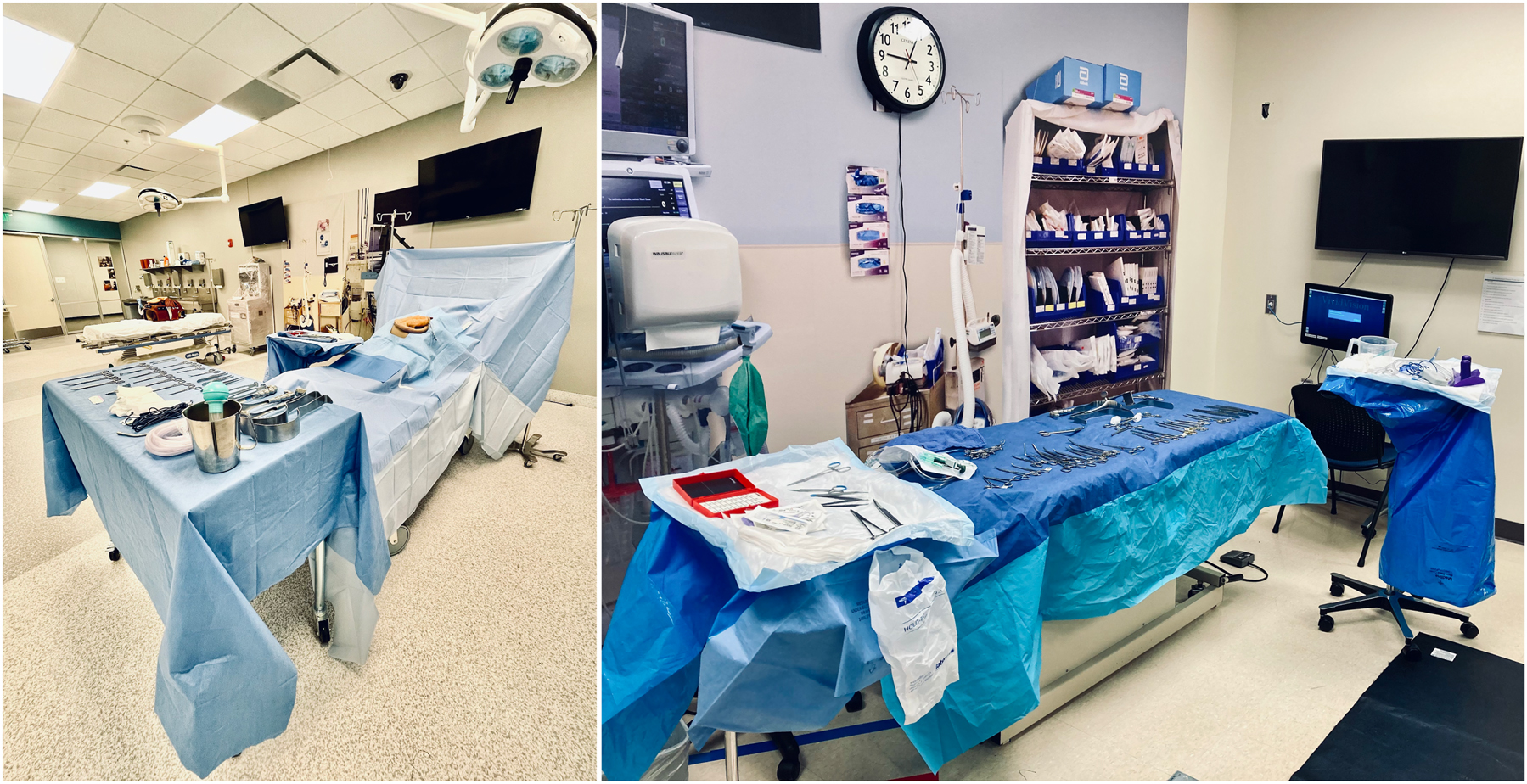 Figure 1:
Simulated operating rooms at the (left) Utah and (right) Colorado campuses. Students are able to participate in case-based scenarios to experience and learn the fundamentals of the operating room and basic surgical skills. Students and surgical residents practice techniques such as suturing, ultrasound, intubation, thoracotomies, cricothyrotomies, and other important procedures and skills. Simulated operating rooms are complete with wall murals, operating room lights, disposable medical kits, mayo stands, whiteboards, and personal protective equipment.