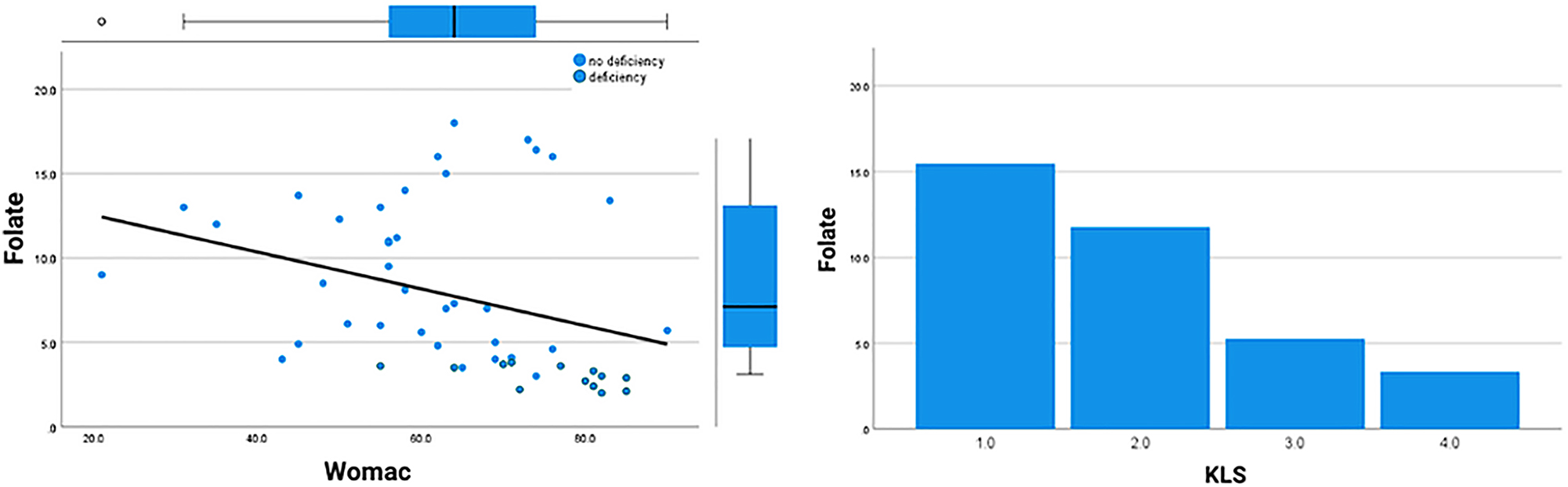 Figure 1: 
Correlations between radiological and clinical scores and folate levels.
