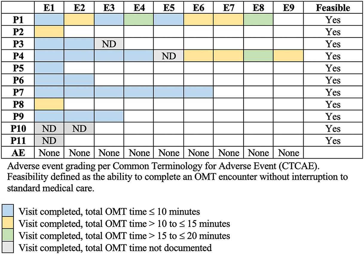 Figure 1: 
OMT encounter safety and feasibility per patient. AE, adverse event; E, encounter; ND, not documented; OMT, osteopathic manipulative treatment; P, patient.