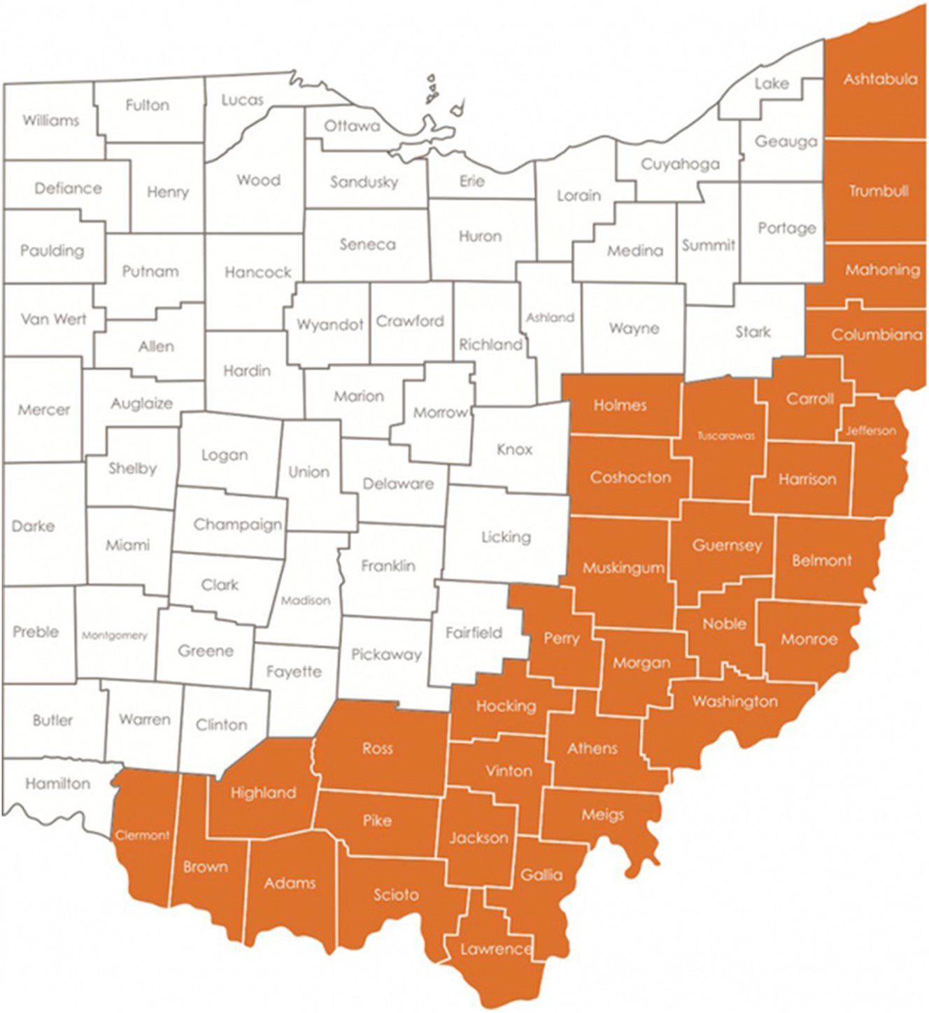 Figure 1: 
Map of Ohio with the Appalachian region highlighted, as defined by the Foundation for Appalachian Ohio. The Southeast Ohio region consists of the following 13 counties: Athens, Gallia, Hocking, Jackson, Lawrence, Meigs, Morgan, Perry, Pike, Ross, Scioto, Vinton, and Washington [36].
