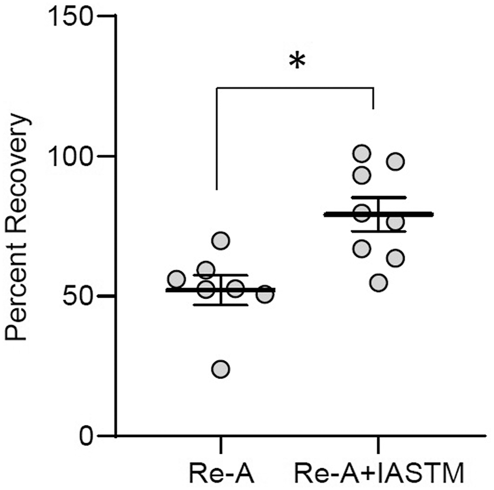 Figure 6: 
Mass of contralateral gastrocnemius immediately after sacrifice from Re-A and Re-A+IASTM animals. Circles represent gastrocnemius mass from individual animals expressed as percent relative to the mean lost in the HLS group. Bar is mean ± standard error of the mean (SEM). n=7 for Re-A and n=8 for Re-A+IASTM. Data were determined to be normally distributed by the Shapiro-Wilk test. * indicates p<0.05 by unpaired t-test. Raw weights obtained immediately after sacrifice and after 12 days of drying may be found in Supplemental Figures 1C and D.
