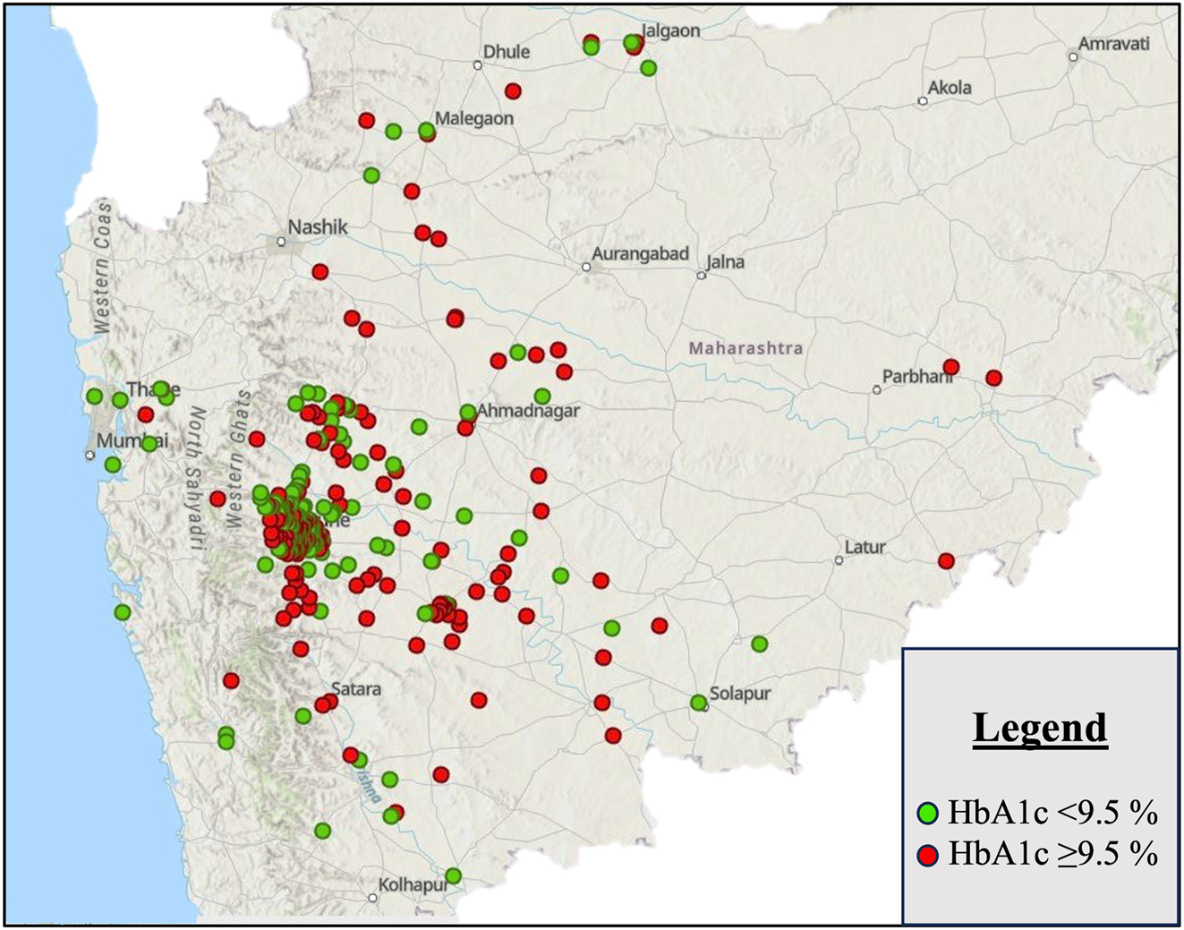 Figure 2: 
GIS mapping of children and youth with T1D in Western Maharashtra labelled according to HbA1c level; green circles correspond to HbA1c <9.5 % and red circles to an HbA1C ≥9.5 %.
