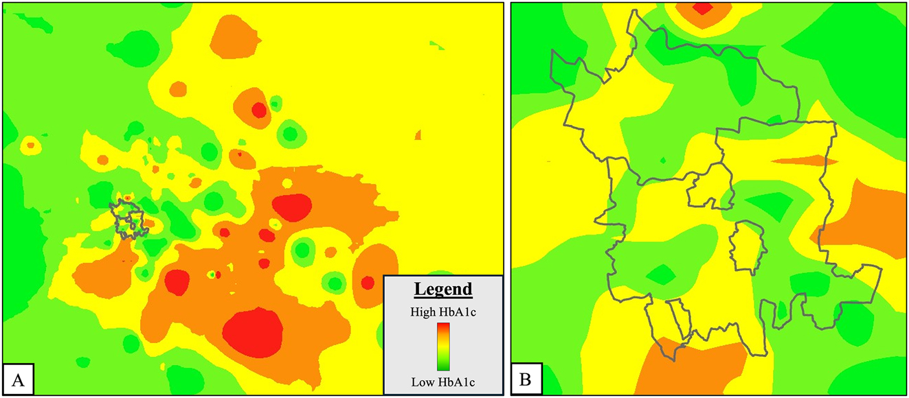 Figure 3: 
Heat map of glycemic control (HbA1c) in children and youth with T1D in Western Maharashtra. (A) Mean HbA1c level increases from colour green to red with peri-urban areas showing greater odds of having shades of red i.e. higher HbA1c; grey boundary indicates urban area (PMC/PCMC); (B) zoomed-in view of urban area (PMC/PCMC).
