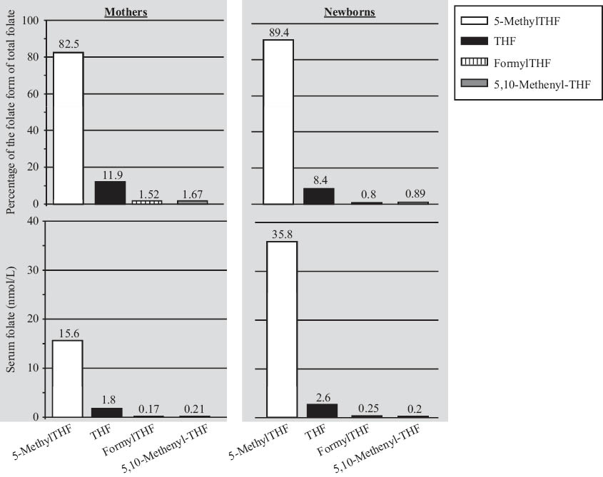 Figure 2 Concentrations of the main folate forms and their percentage of total folate in maternal serum and umbilical cord serum from neonates [82].
