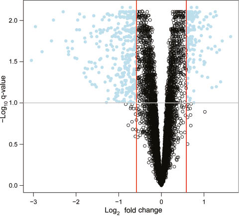 Figure 1: Differential expression of visceral versus subcutaneous adipose tissue transcripts in pregnant women in labor.Volcano plot showing differential expression evidence between subcutaneous and visceral adipose tissue of women in labor. The x-axis represents the log2 fold changes in expression with positive values representing over-expression in the subcutaneous region compared to visceral. Transcripts outside the vertical red bars have fold change >1.5. The y-axis represents the q-values (–log10 of), with values above 1.0 corresponding to q<0.1.