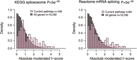 Figure 3: Pathway perturbation associated with parturition in subcutaneous tissue.PADOG pathway enrichment plots showing evidence of pathway perturbation associated with parturition in subcutaneous tissue. The distribution of moderated t-scores of genes in KEGG spliceosome and reactome mRNA splicing is superimposed on the distribution of all genes on the array, and shows more differential expression in these pathways than in the pool of all genes.