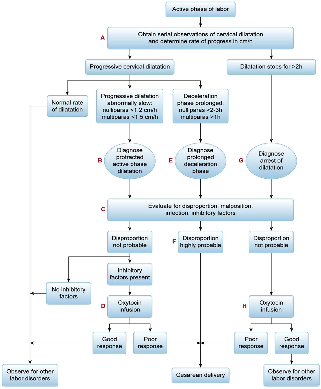 Figure 3: 
Management of the active phase of labor.
(A) Recognize onset of the active phase by the upswing of the cervical dilatation curve. If the rate of dilatation is normal, continue close observation, but no intervention is necessary. (B) If the rate of active phase dilatation in a nullipara is <1.2 cm/h or in a multipara <1.5 cm/h diagnose a protracted active phase. (C) If there is a protracted active phase search for inhibitory factors (e.g., excess analgesia/anesthesia, marked obesity, excess analgesia, etc.) Do thorough cephalopelvimetry. If disproportion is highly probable, proceed to cesarean delivery. (D) If disproportion seems unlikely and inhibitory factors are present, stimulate contractions with oxytocin. A good response (more rapid dilatation) bodes well for vaginal delivery; a poor response suggests cesarean delivery is more appropriate. (E) Prolonged deceleration phase is often associated with cephalopelvic disproportion as well as occiput posterior position and shoulder dystocia. (F) If the probability of cephalopelvic disproportion is high in the presence of a protraction or arrest disorder, it is prudent to undertake cesarean delivery as the safest option. (G) Arrest of dilatation is diagnosed when active phase progress has ceased for 2 h. If there is no concern about disproportion, use oxytocin. If disproportion is strongly suspected, proceed to cesarean delivery. (H) When oxytocin is used for an arrest disorder, most patients will respond in 3–4 h. If there is no response, or if the post-arrest slope is lower than the prearrest slope, cesarean delivery is warranted. By permission from Cohen WR, Friedman EA. Labor and Delivery Care. A Practical Guide. John Wiley & Sons, Oxford, 2011, pp. 90–91.
