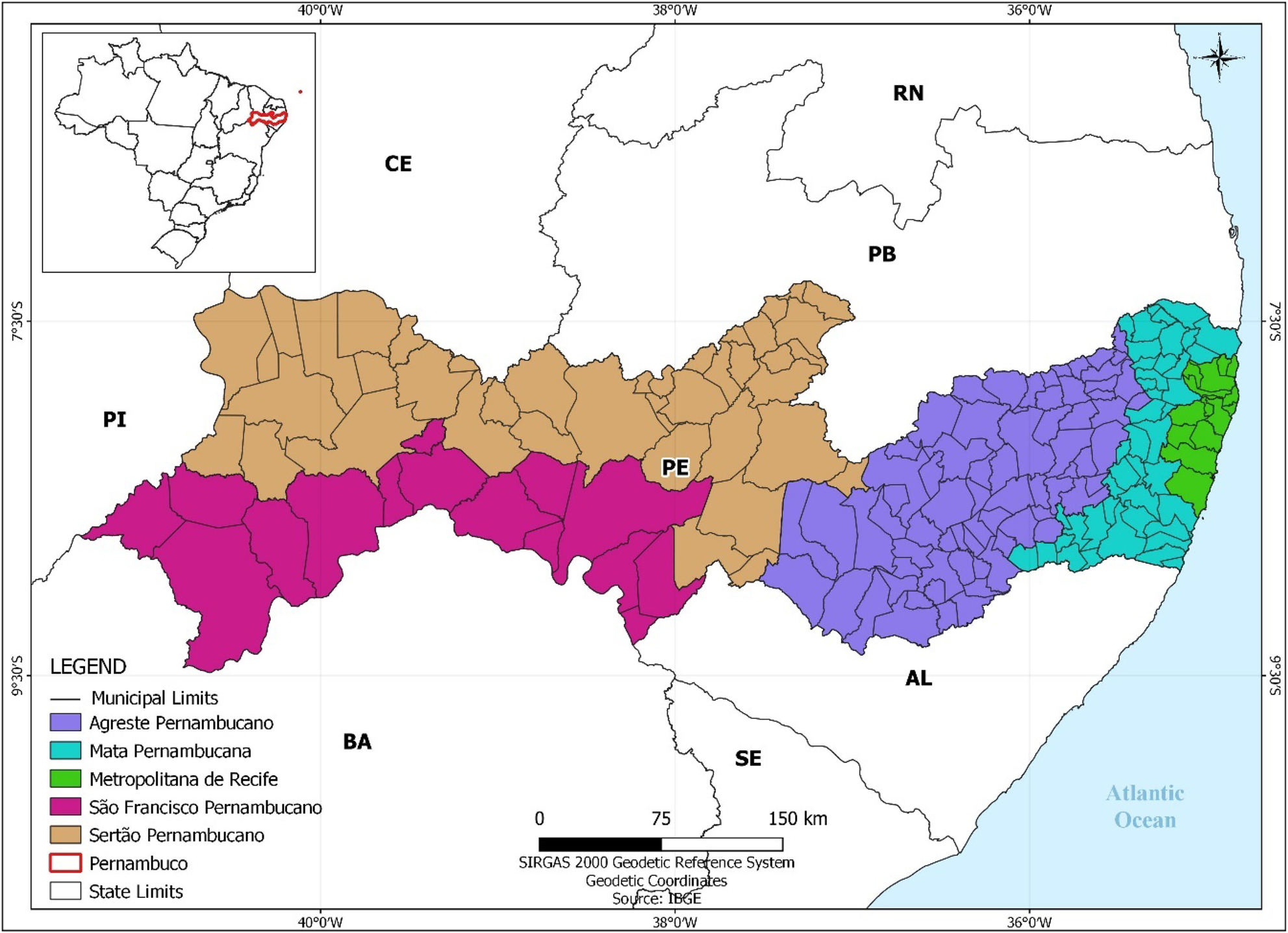 Figure 1: 
Distribution of mesoregions in the state of Pernambuco, Brazil.
