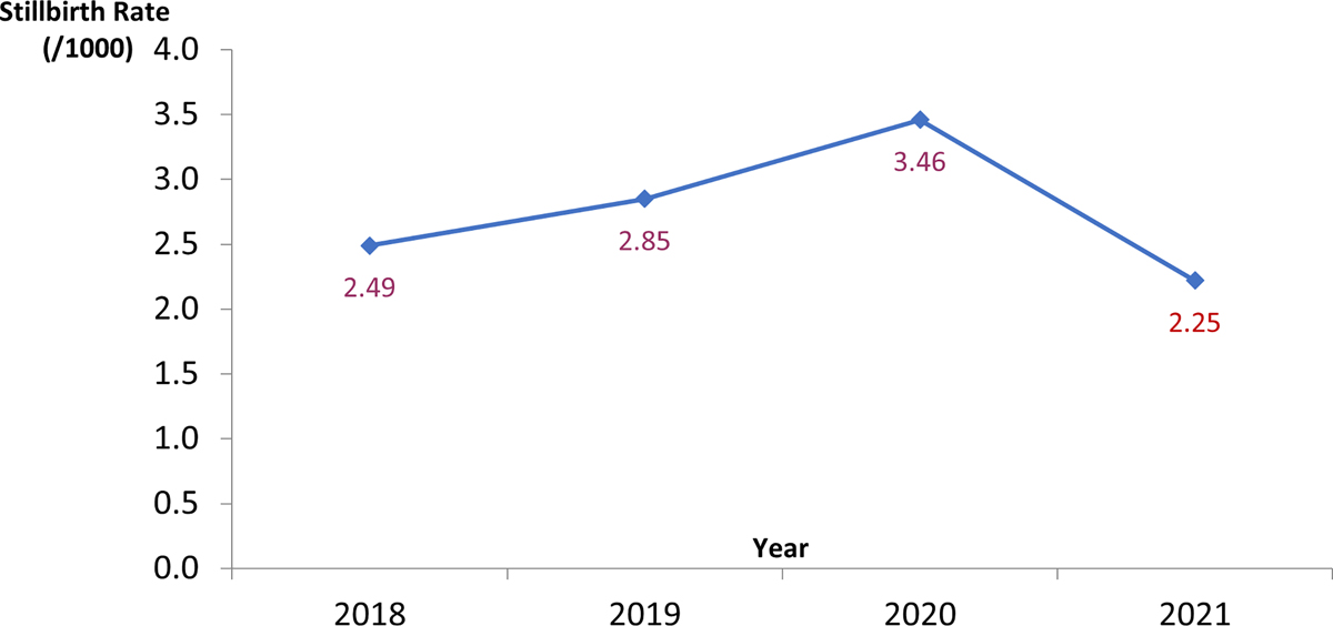 Figure 3: 
Annual stillbirth rates 2018–2021.
2021 covers period from January to September to coincide with 2nd wave.
