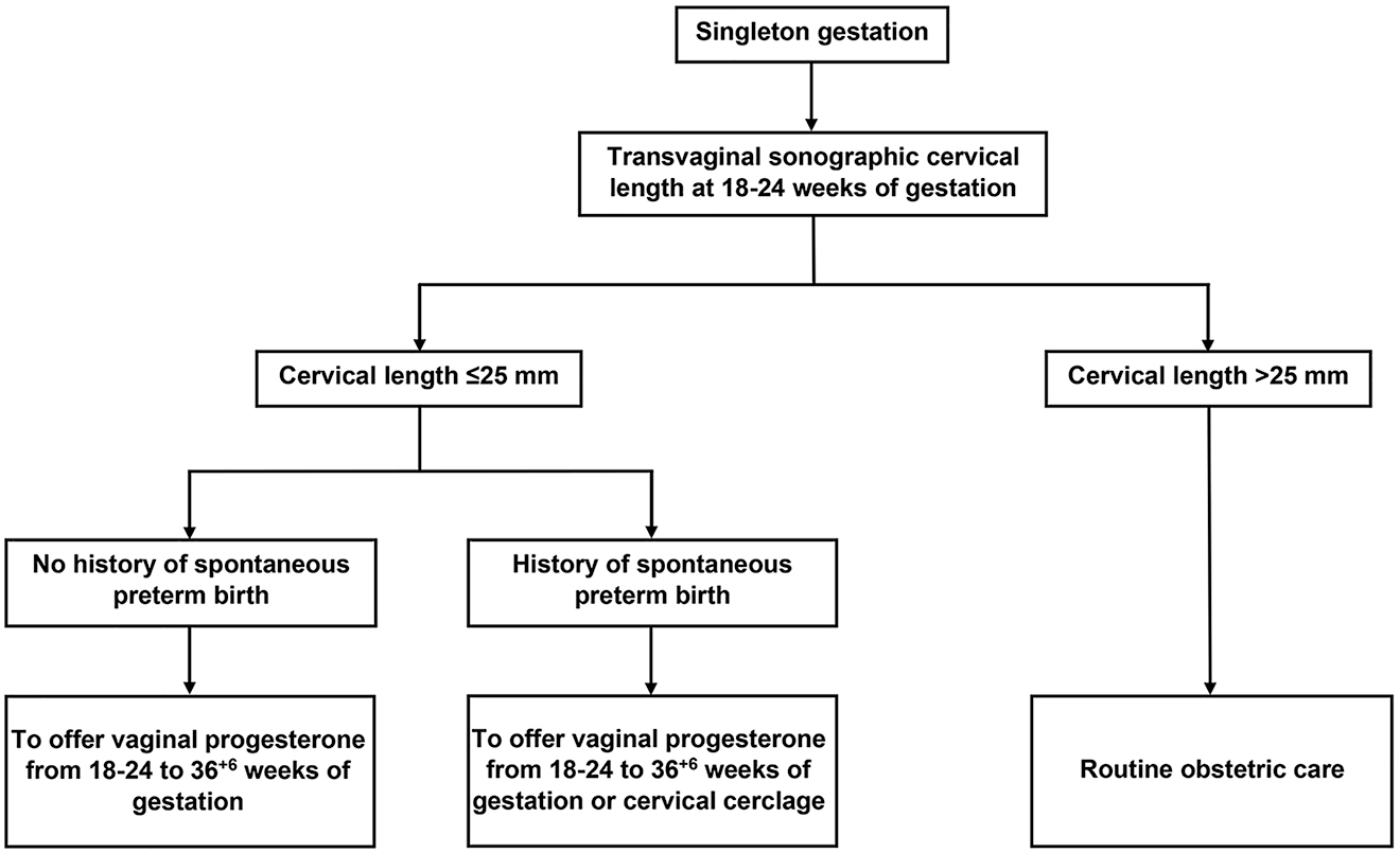 Figure 2: 
Evidence-based clinical algorithm for the use of vaginal progesterone in preventing preterm birth among singleton gestations.
