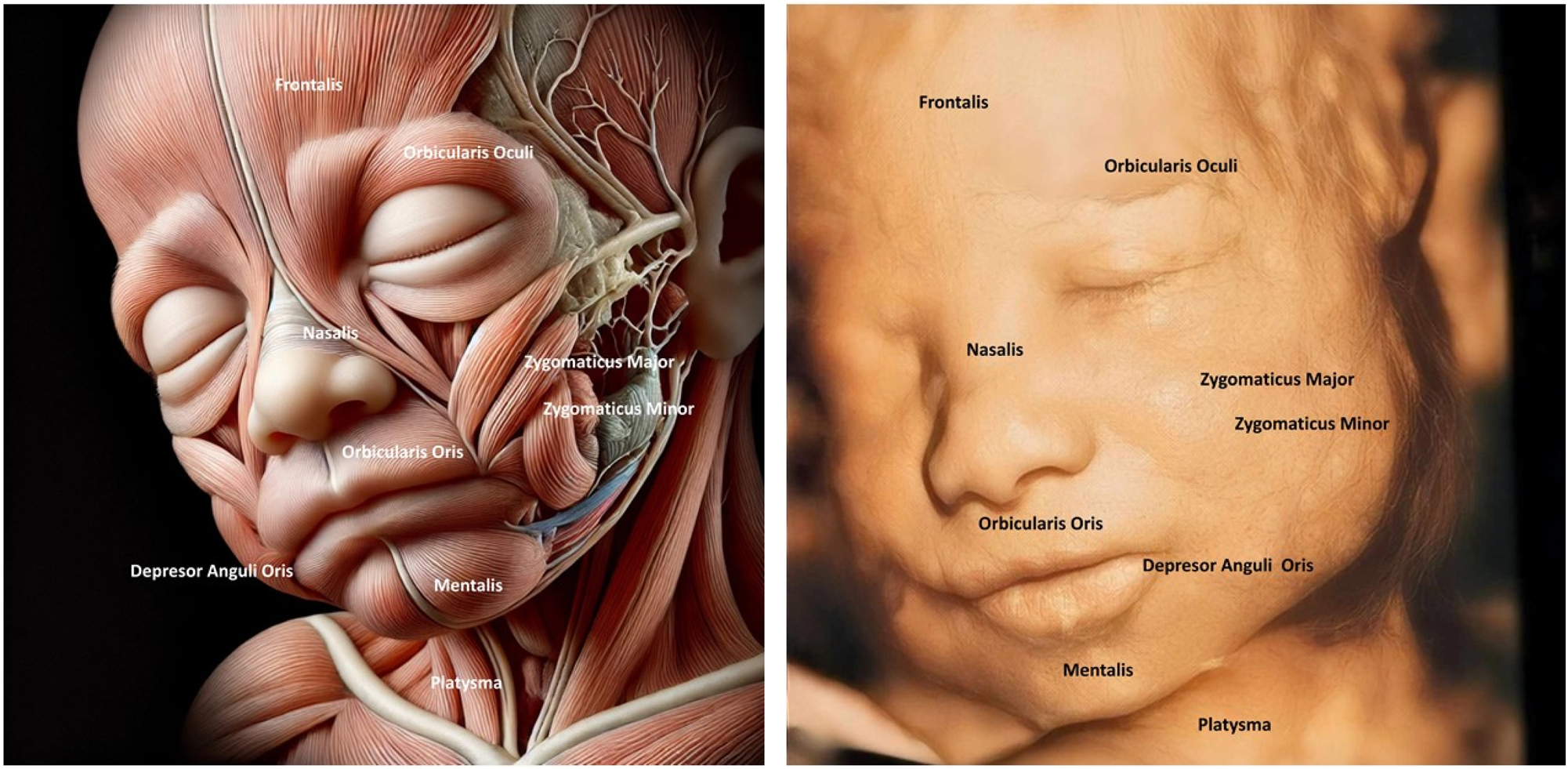 Figure 2: 
The image compares fetal facial muscle anatomy (left) with a 4D ultrasound of a fetal face (right), highlighting muscles like Orbicularis Oculi and Zygomaticus Major. The fetal face shows a relaxed or neutral expression, indicating developing neuromuscular coordination. Understanding fetal facial anatomy and expressions is crucial for detecting anomalies like cleft lip or muscular underdevelopment, which could affect postnatal function.
