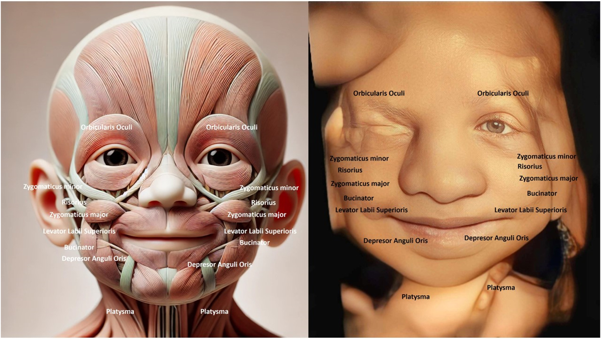 Figure 4: 
The image compares fetal facial muscle anatomy (left) with a 4D ultrasound of a fetal face (right), showing key muscles like Zygomaticus Major, Orbicularis Oculi, and Depressor Anguli Oris. The fetal face displays a slight smile-like expression, indicating early neuromuscular coordination. Observing the fetal face helps detect structural or functional abnormalities, such as cleft lip or muscle defects, which may impact postnatal development. This analysis also provides insights into neurological and muscular health, reflecting proper fetal development.
