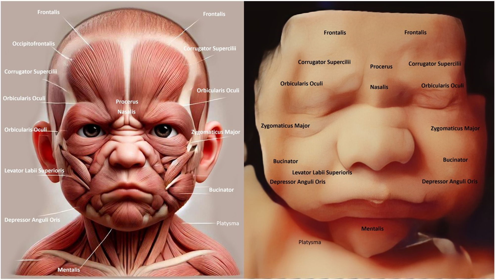Figure 5: 
The image compares the fetal facial muscle anatomy (left) with a 4D ultrasound of a fetal face (right), showing structures like Orbicularis Oculi, Zygomaticus Major, and Corrugator Supercilii. The ultrasound reveals a frown-like expression, indicating early muscle activity and coordination. Examining the fetal face is crucial for detecting abnormalities like cleft lip or muscle defects that may affect postnatal function. It also reflects neurological health, as facial expressions demonstrate proper brain and nerve development.
