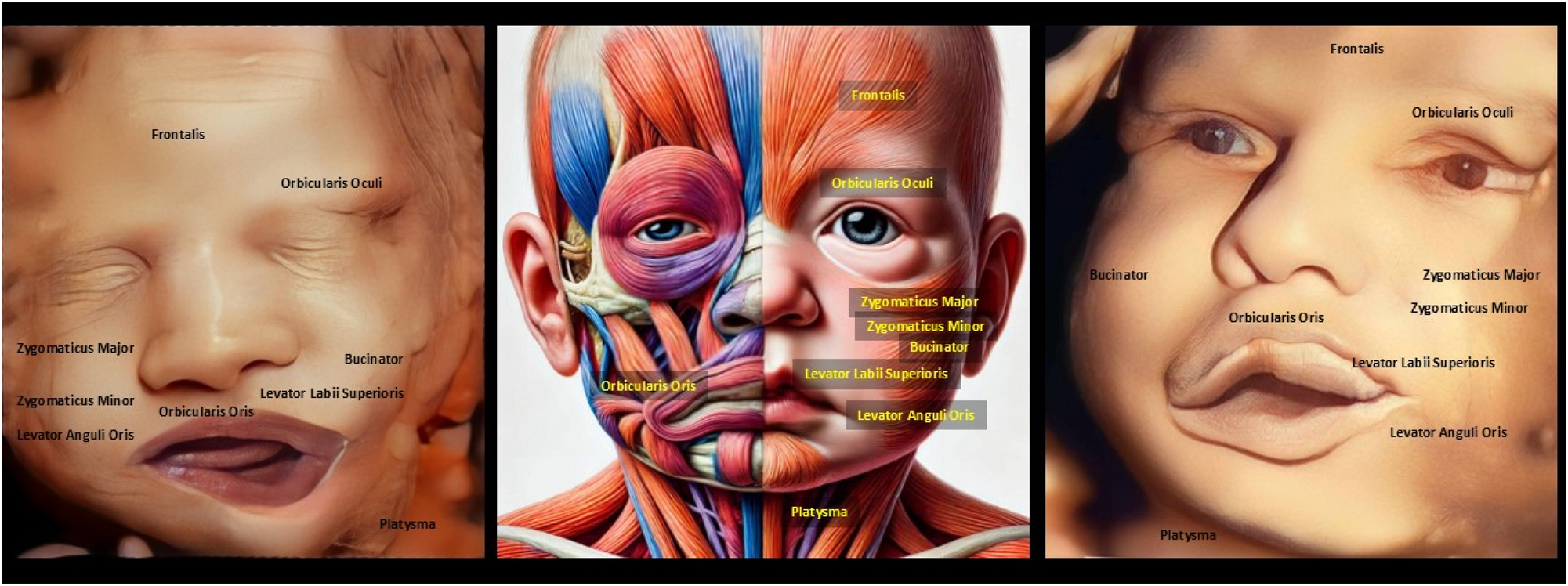 Figure 8: 
The image compares a normal 4D ultrasound with mouth asymmetry (left), a depiction of facial muscle paralysis (middle), and another 4D ultrasound with similar mouth asymmetry (right). Muscle paralysis impacts expressions like smiling, frowning, or pouting due to dysfunction in key muscles such as Orbicularis Oris and Zygomaticus Major. Detecting facial asymmetry in the womb is essential for identifying potential neuromuscular conditions or congenital anomalies that could affect postnatal function. While 4D ultrasound provides detailed imaging of facial structures, it has limitations in diagnosing nerve-related conditions like Bell’s palsy, which may not manifest fully during fetal development. The observed asymmetry could indicate real muscle or nerve issues, but it might also result from temporary factors like fetal movement or positioning. This underscores the need for postnatal assessments to confirm the cause of asymmetry. Overall, 4D ultrasound is a valuable screening tool but requires complementary diagnostics for a comprehensive evaluation of potential abnormalities.
