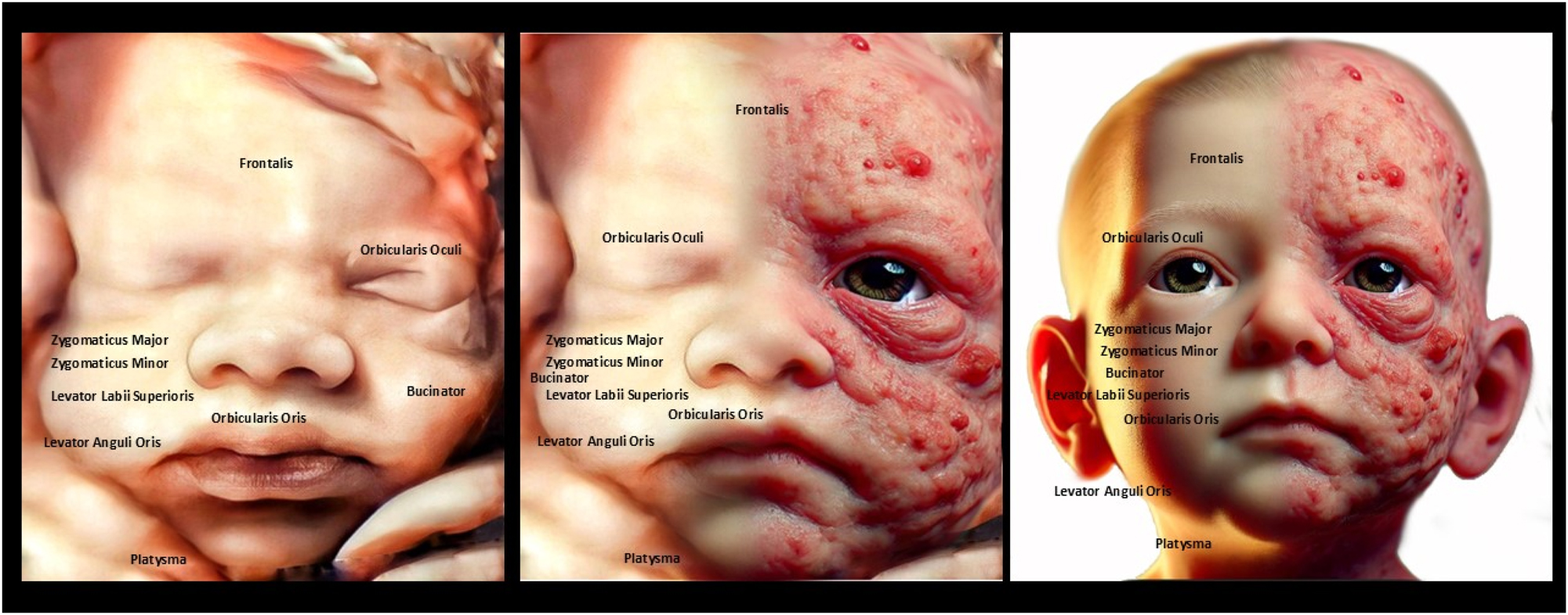 Figure 9: 
The image compares a normal 4D ultrasound of a baby’s symmetrical face (left), an AI-generated depiction of facial asymmetry from muscle paralysis resembling ramsay hunt syndrome (middle), and an enhanced version of the condition (right). Muscle paralysis affects key expressions like smiling, frowning, and eye closure, involving dysfunction in muscles such as Orbicularis Oris and Zygomaticus Major. Detecting facial asymmetry in the womb is vital for identifying neuromuscular issues that may affect postnatal development. While 4D ultrasound provides detailed structural imaging, it cannot directly diagnose neurological conditions like Ramsay Hunt Syndrome, which involve viral infections. Asymmetry in fetal ultrasounds may result from temporary factors like positioning rather than pathology. Integrating AI with imaging improves diagnostic precision but requires postnatal evaluations for confirmation.
