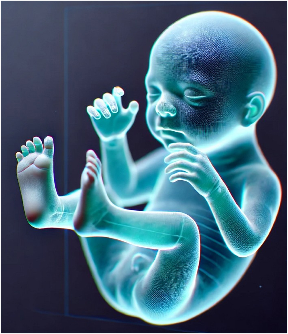 Figure 2: 
AI-generated hologram of a fetus rendered from volumetric ultrasound data. The model highlights detailed anatomical features including cranial contours, limb orientation, and spinal alignment, demonstrating the spatial accuracy achievable with advanced segmentation and rendering techniques. Such holograms provide immersive, life-like visualizations that enhance parental understanding of fetal anatomy, foster maternal–fetal bonding, and support multidisciplinary clinical discussions.