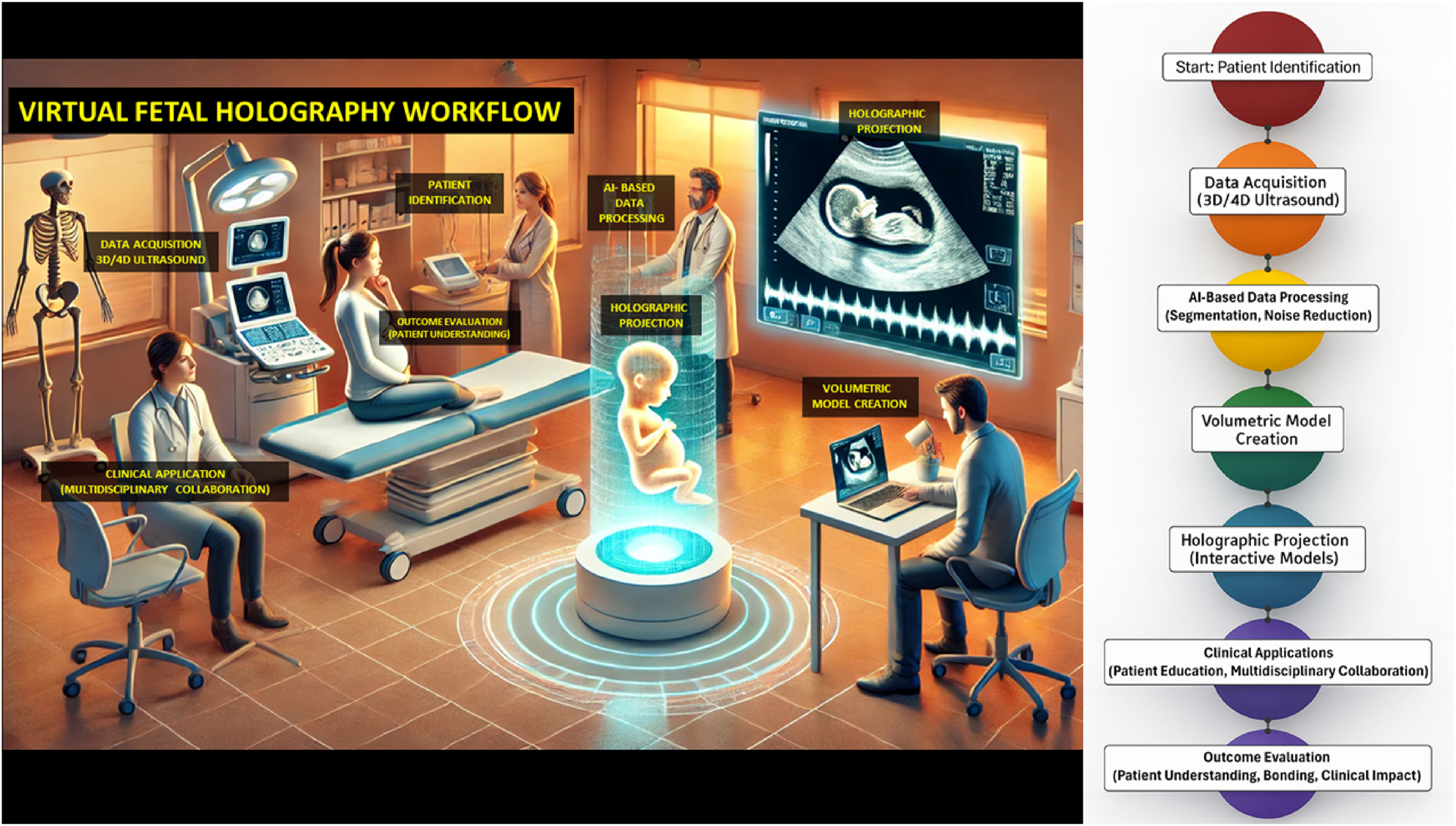 Figure 3: 
Integrated visual representation of the virtual fetal holography workflow. The left panel illustrates a clinical counseling setting in which clinicians and parents engage with an interactive fetal hologram projected in real time. This environment demonstrates how holographic visualization integrates into patient counseling and multidisciplinary collaboration, enhancing understanding and emotional engagement. The right panel presents the technical workflow, beginning with patient identification and high-resolution 3D/4D ultrasound data acquisition, followed by AI-based image processing for segmentation and noise reduction. The processed volumetric datasets are then converted into anatomically accurate digital models, rendered as dynamic holographic projections viewable through mixed reality interfaces. The workflow concludes with clinical applications that support patient education, collaborative decision-making, and outcome evaluation, emphasizing improved parental understanding, maternal–fetal bonding, and clinical impact.
