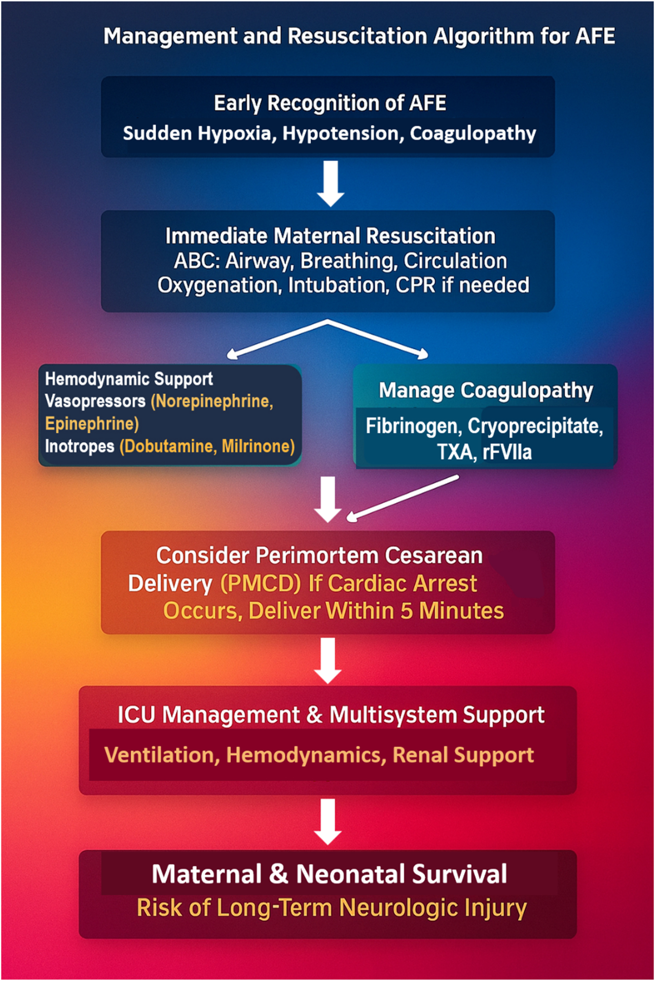 Figure 5:
The management and resuscitation algorithm for Amniotic Fluid Embolism (AFE) outlines the critical steps required for immediate intervention. Early recognition of AFE is essential, as patients present with sudden hypoxia, hypotension, and coagulopathy. Immediate maternal resuscitation follows, ensuring airway protection, oxygenation, intubation, and circulatory support (CPR if needed). Hemodynamic stabilization is achieved using vasopressors (norepinephrine, epinephrine) and inotropes (dobutamine, milrinone), while coagulopathy is aggressively managed with fibrinogen replacement, cryoprecipitate, tranexamic acid (TXA), and recombinant factor VIIa (rFVIIa). In cases of cardiac arrest, perimortem cesarean delivery (PMCD) within 5 min is essential to improve both maternal and neonatal survival. Following stabilization, ICU management focuses on multi-organ support, including mechanical ventilation, renal protection, and hemodynamic monitoring. Survival depends on early intervention, but patients remain at risk for long-term neurological injury, emphasizing the need for rapid recognition and aggressive multidisciplinary management to improve outcomes.