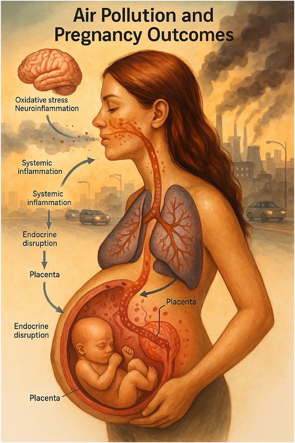 Figure 3:
Air pollution and pregnancy outcomes. This medical illustration depicts the pathophysiological cascade triggered by maternal exposure to ambient air pollution during pregnancy. Inhalation of fine particulate matter and other pollutants initiates a sequence of biological disruptions beginning in the respiratory system, leading to systemic inflammation, oxidative stress, and neuroinflammatory responses. These systemic effects alter endocrine function and compromise the placental barrier, culminating in adverse fetal outcomes such as growth restriction and preterm birth. The visual emphasizes the maternal-fetal interface as a critical site of vulnerability, highlighting the integrated impact of environmental exposures across multiple physiological systems.