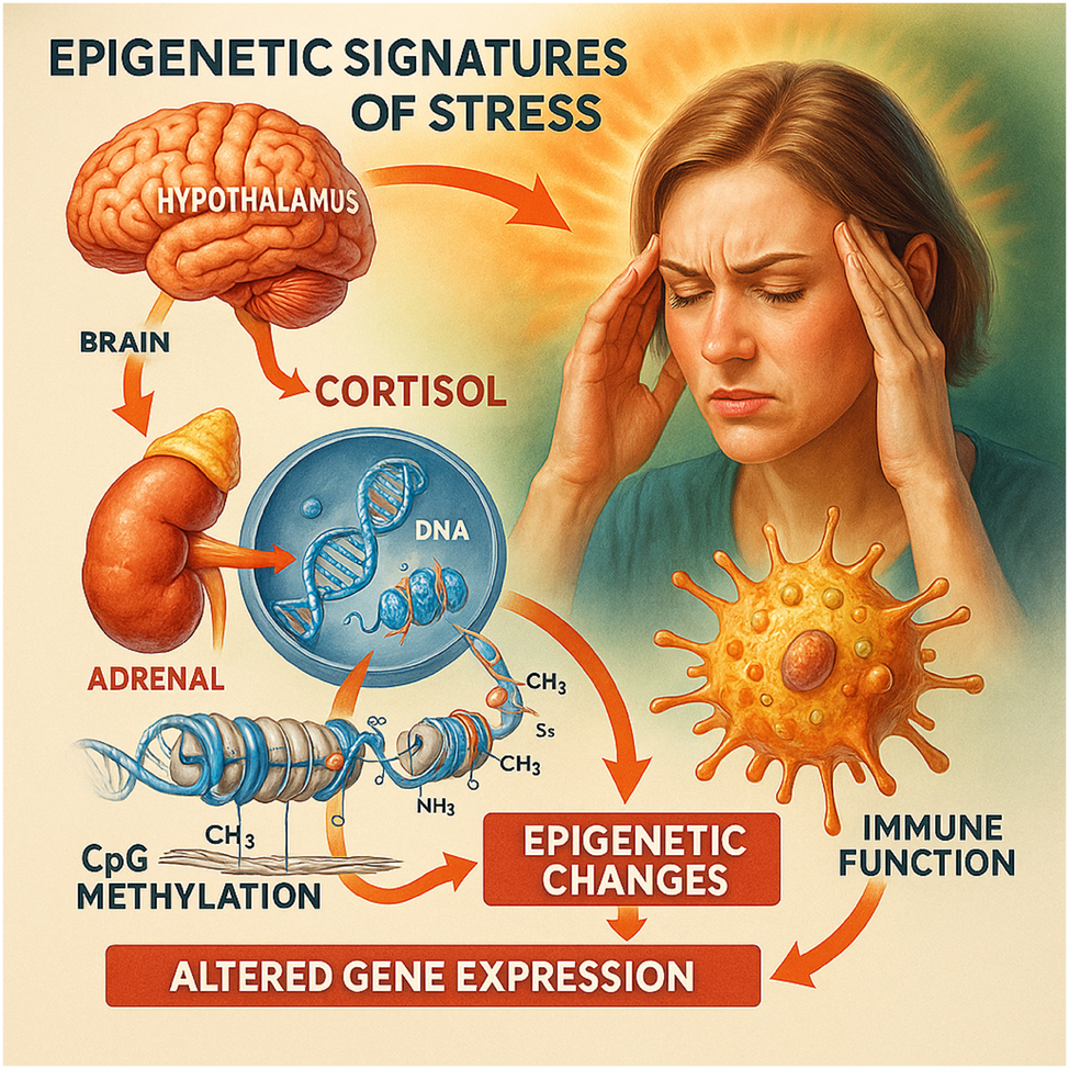 Figure 4:
Epigenetic signatures of stress. This illustration depicts the biological cascade through which psychological stress leads to epigenetic alterations during pregnancy. Stress activates the hypothalamic–pituitary–adrenal (HPA) axis, resulting in the release of cortisol from the adrenal glands. Elevated cortisol levels enter systemic circulation and interact with cellular receptors, leading to changes in DNA methylation, particularly at CpG sites within regulatory regions of stress-related genes such as NR3C1 and FKBP5. These epigenetic modifications can alter gene expression patterns involved in immune regulation, contributing to inflammation, fetal programming, and preterm birth risk. The image emphasizes how social and emotional exposures can be biologically embedded at the molecular level.