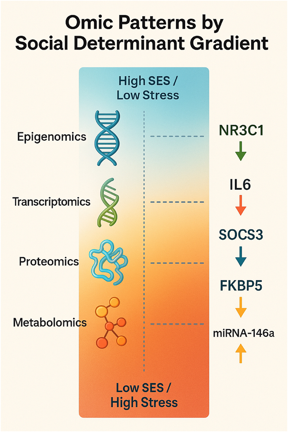 Figure 5: 
Omic patterns across social determinant gradients. This infographic visualizes the biologically embedded effects of social determinants of health (SDH) across a gradient from high to low socioeconomic and psychosocial conditions. It highlights differential expression patterns and molecular disruptions in key omic pathways – epigenetic, transcriptomic, metabolomic, and microbial – associated with chronic stress, structural inequality, and resource deprivation. Key findings include: Hypermethylation of NR3C1 and FKBP5 linked to heightened stress signaling in low-SES groups [5], 14], 24]. Elevated expression of inflammatory cytokines IL6 and SOCS3 in populations exposed to structural racism [35], 49]. Altered levels of miRNAs (e.g., miR-146a) and metabolites related to nutritional stress and endocrine disruption [53], 93]. Shifts in microbiota composition associated with prenatal stress and social adversity [78], 79]. The visualization conveys the cumulative, multi-system burden of social inequity and underscores the relevance of integrative omics in public health and perinatal research.
