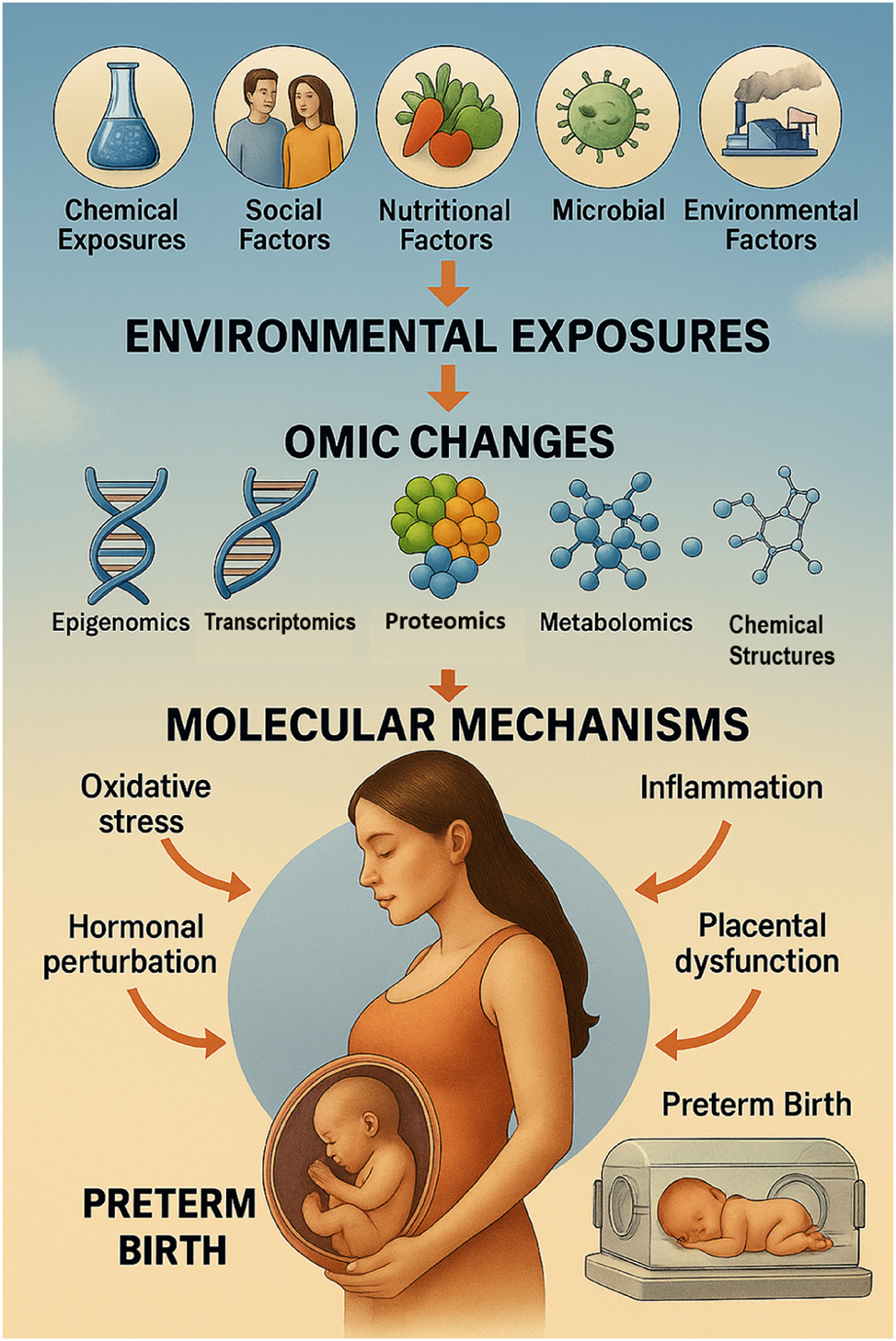 Figure 8:
From exposure to early birth: A visual pathway of the fetal exposome and preterm birth. This diagram illustrates how diverse environmental and social exposures – collectively known as the fetal exposome – influence molecular biology through multi-omic alterations, ultimately contributing to preterm birth (PTB). The pathway begins with external exposures such as air pollution, toxic chemicals, psychosocial stress, poor nutrition, and socioeconomic inequality. These factors interact with maternal and placental systems, triggering changes at the omic level (epigenomics, transcriptomics, proteomics, metabolomics, microbiomics). These disruptions lead to molecular perturbations including inflammation, oxidative stress, endocrine dysregulation, and immune imbalance. When compounded, these biological mechanisms can prematurely initiate labor, leading to spontaneous or medically indicated PTB. The visual emphasizes the need for integrated, multi-omic approaches in precision perinatal care and prevention strategies.