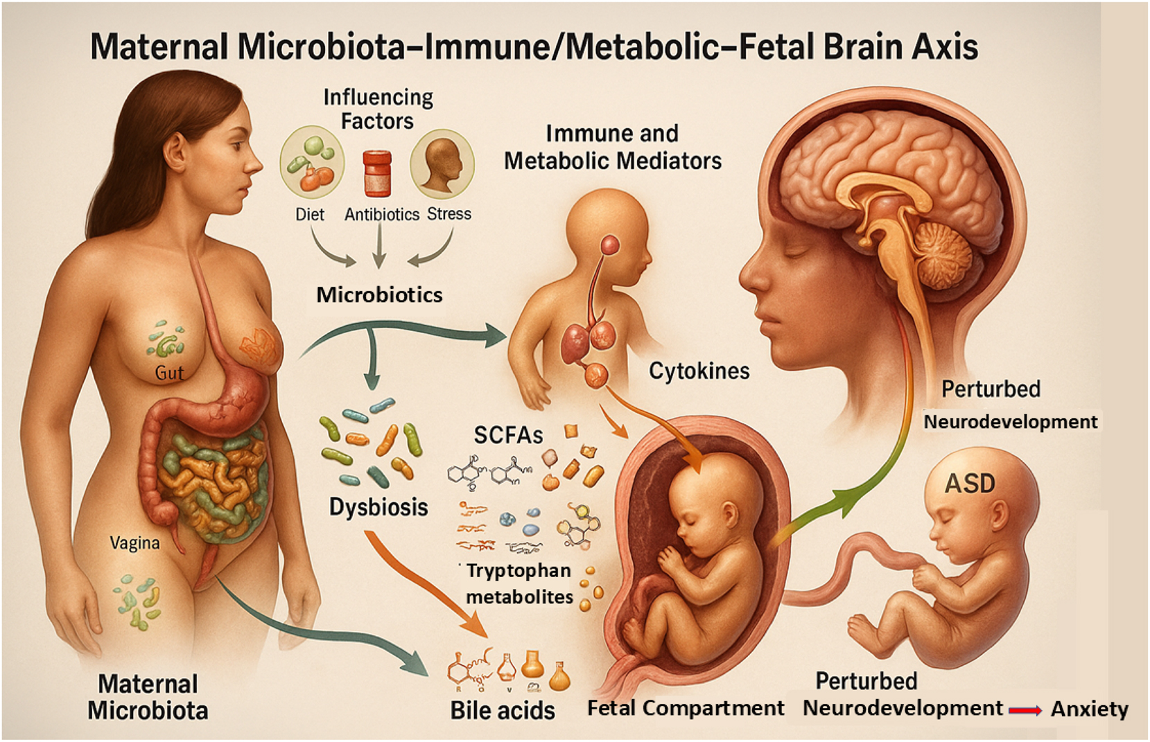 Figure 2: 
Maternal microbiota–immune/metabolic–fetal brain axis: A conceptual framework of multisystem interplay in early neurodevelopment. This figure depicts the interconnected maternal microbiota–immune/metabolic–fetal brain axis, where maternal microbial communities in the gut, vagina, and oral cavity – modulated by diet, antibiotics, and stress – can shift toward dysbiosis, triggering immune responses (e.g., cytokines) and producing metabolites (SCFAs, tryptophan derivatives, bile acids) that cross the placenta. These signals influence fetal neurodevelopmental processes such as synaptogenesis and microglial activation, with potential long-term outcomes including autism spectrum disorder (ASD), anxiety, and perturbed neurodevelopment.
