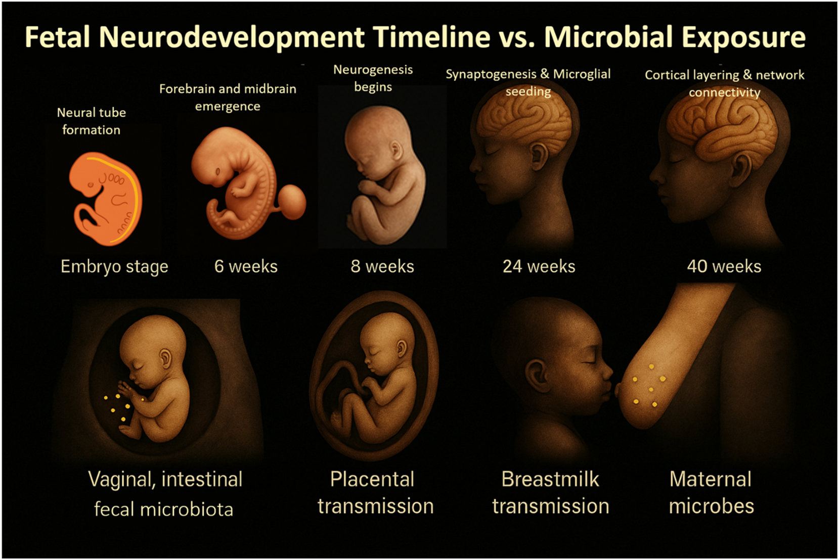 Figure 5: 
Fetal neurodevelopmental milestones aligned with critical microbial and immune exposure windows. This timeline integrates key gestational stages of fetal brain development – such as neurogenesis, synaptogenesis, and microglial maturation – with periods of microbial, metabolic, and immune signaling originating from the maternal microbiota. Early-to mid-gestation phases align with critical exposure to SCFAs, cytokines (e.g., IL-6, IL-17A), and microbial metabolites, which can shape neuroimmune trajectories. The figure emphasizes how timing of microbial exposure or dysbiosis may influence developmental programming and susceptibility to neurodevelopmental disorders.
