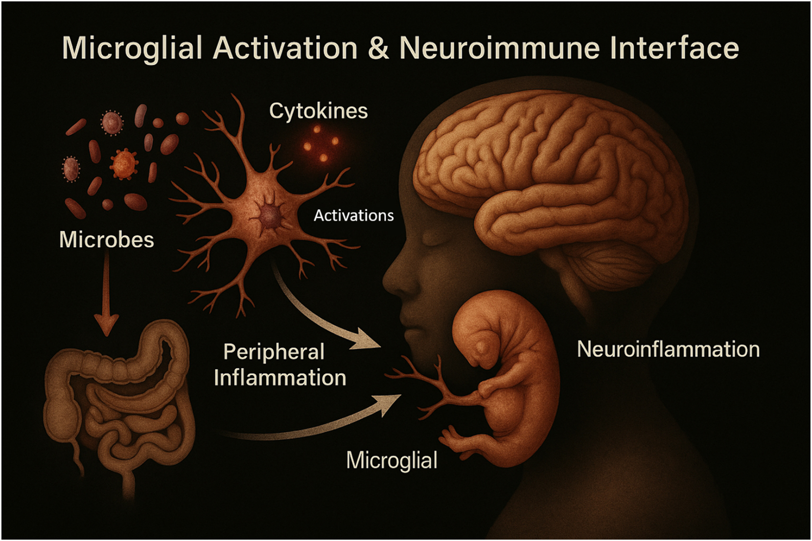 Figure 7: 
Microglial activation and the neuroimmune interface in early brain development. This figure illustrates how microglia, the brain’s resident immune cells, respond to maternal and microbial signals during fetal and early postnatal development. Microglial activation is influenced by maternal cytokines, microbial metabolites, and environmental stimuli. Activated microglia regulate neurogenesis, synaptic pruning, and myelination, playing a pivotal role in shaping neural circuitry. Dysregulated microglial responses, often due to maternal immune activation or microbial imbalance, may disrupt brain development and increase susceptibility to neurodevelopmental disorders such as autism spectrum disorder and schizophrenia.
