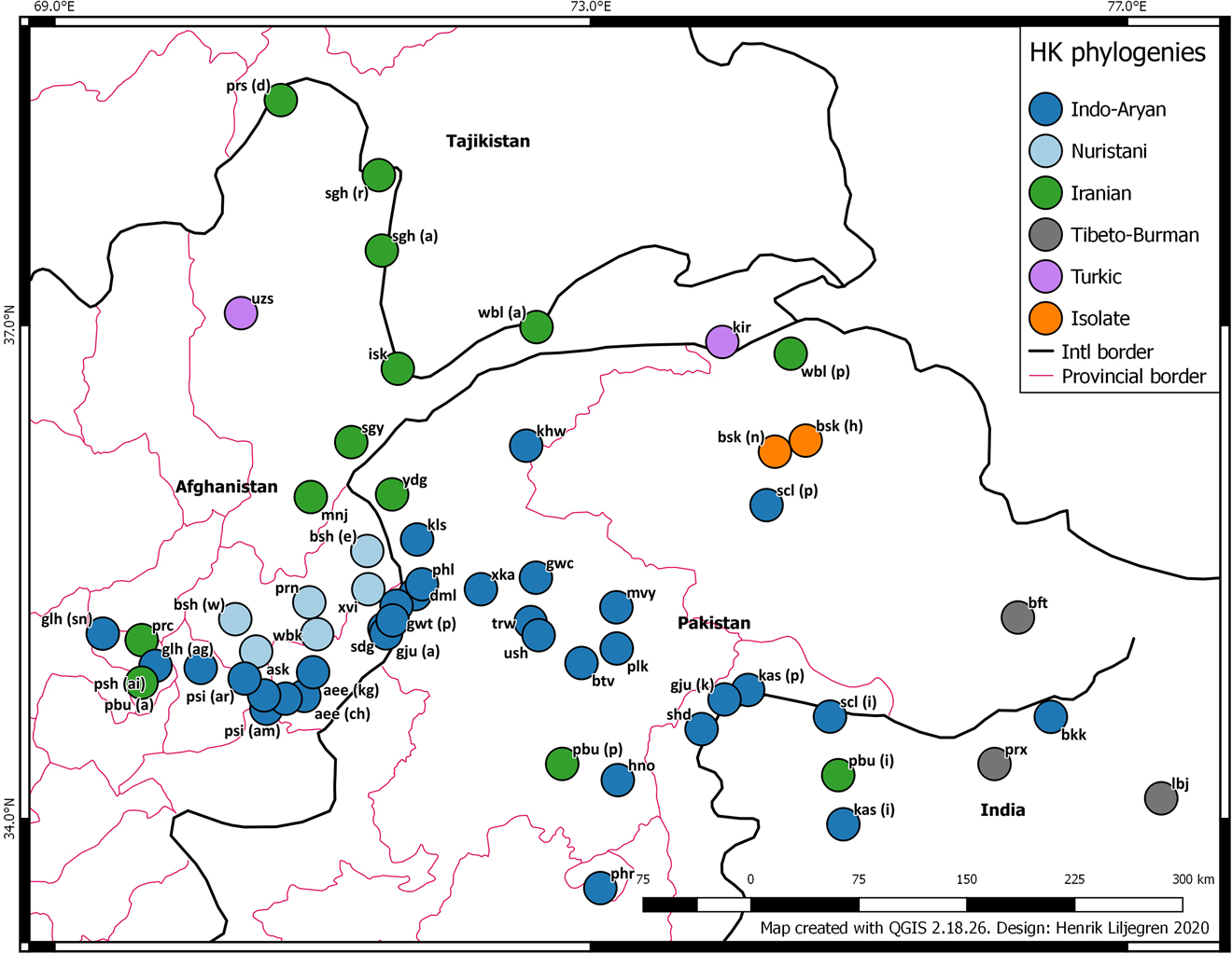 Figure 2:
The 59 sample varieties plotted in the HK region (Note that the incomplete boundary demarcation between Pakistan and India is the so-called Line of Control, and does not as such constitute a legally recognized international border).