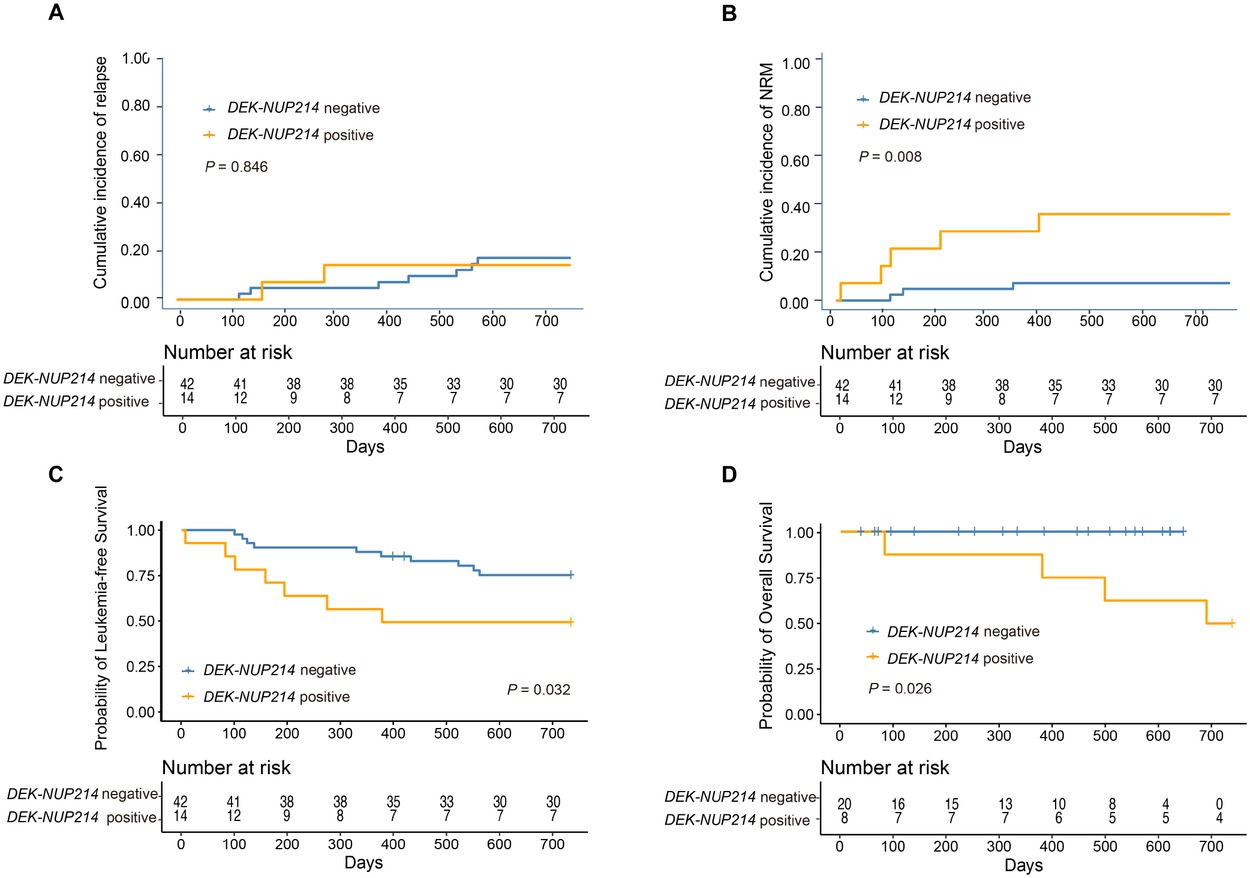 Figure 3 The 2-year probability of clinical outcomes after allo-HSCT according to patients with and without DEK-NUP214 transcript, relapse (A), non-relapse mortality (B), leukaemia-free survival (C), and overall survival (D).