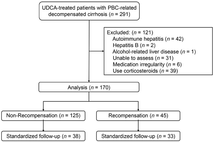 Figure 1 Case screening process and study design. Recompensation was defined as the absence of decompensating events for 12 months following the last decompensated state and MELD <10. Standardized follow-up indicates that patients had 1-, 2-, and 3-year follow-up data available simultaneously. UDCA: ursodeoxycholic acid; PBC: primary biliary cholangitis; MELD: model for end-stage liver disease.
