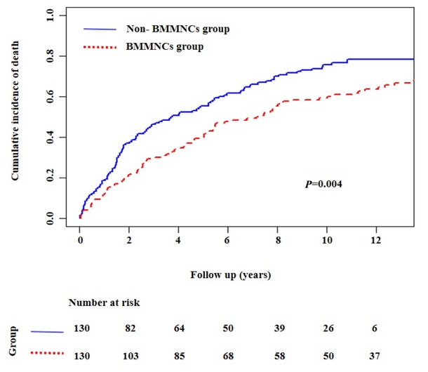 Figure 3 Nelson-Aalen cumulative risk curve analyses showing the cumulative mortality in patients with liver cirrhosis. BMMNCs: bone marrow mononuclear cells.