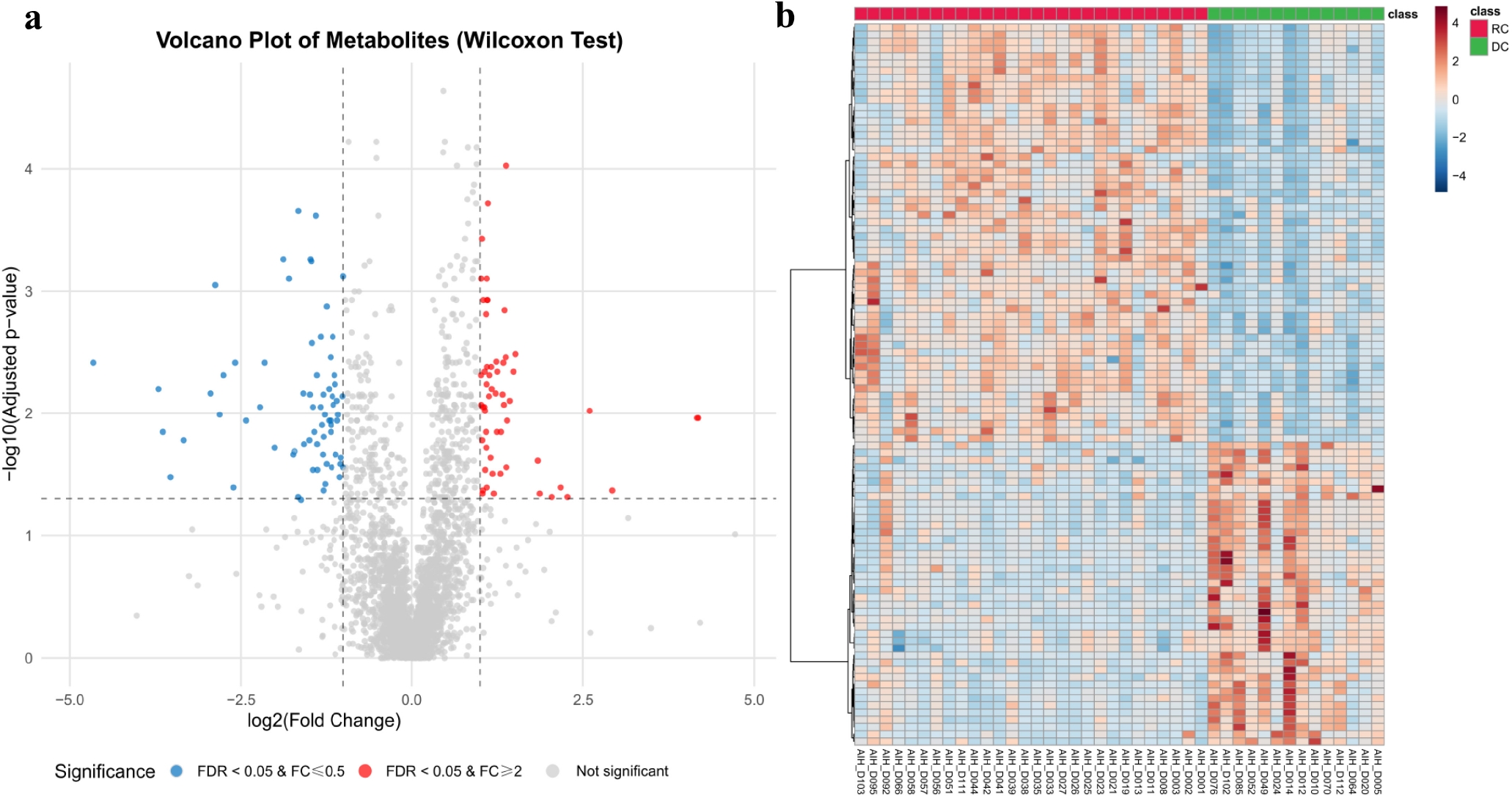 Figure 2 Differential metabolite analysis. a. Volcano plot of differential metabolites. b. Heatmap of differential metabolites.