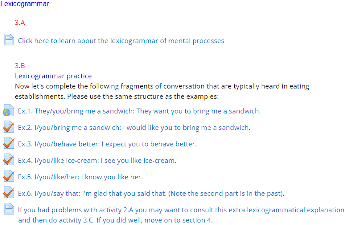 Figure 9: 
Lexicogrammatical activity based on the English mental transitivity system network.

