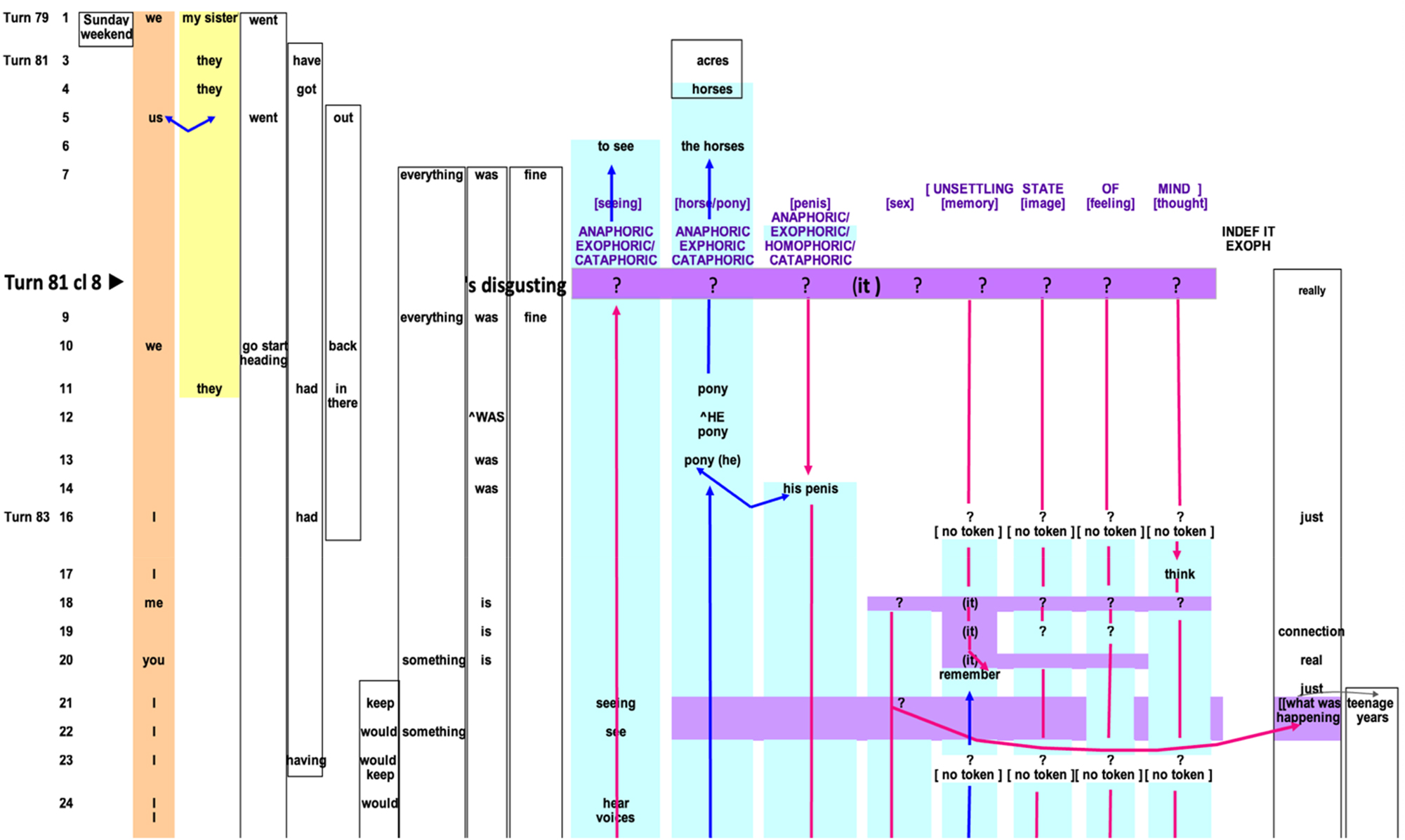 Figure 8:
Cohesive chains in patient’s possibly dissociative episode, displaying ambiguity regarding potential referents for ‘it’ in her evaluation “It’s disgusting” (after Butt et al. 2007).