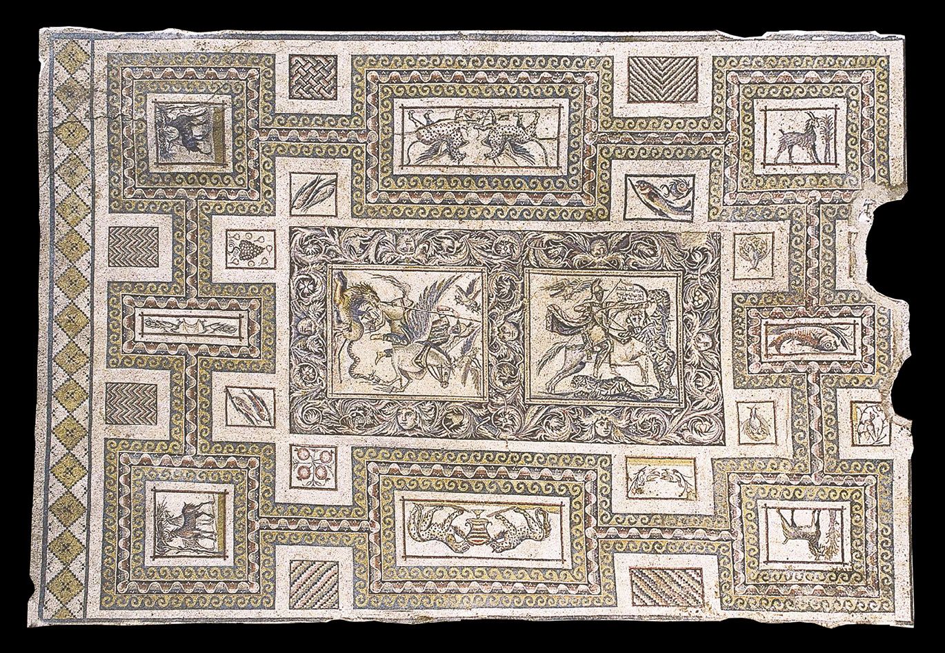 Fig. 3: The main part of the Rue des Églises house (N1–N2) mosaic, which was sometimes referred to as “Odaenathus’s victories”, with the two panels, one of the Bellerophon scene and the other of the hunting scene in the middle (the photo is courtesy of Michał Gawlikowski).