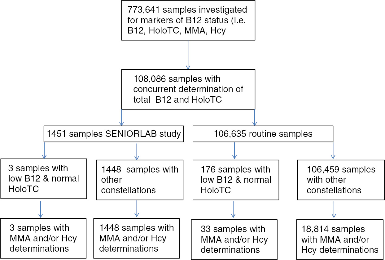 Figure 1: Flow chart for the determination of frequencies of samples with low vitamin B12 and normal HoloTC levels.