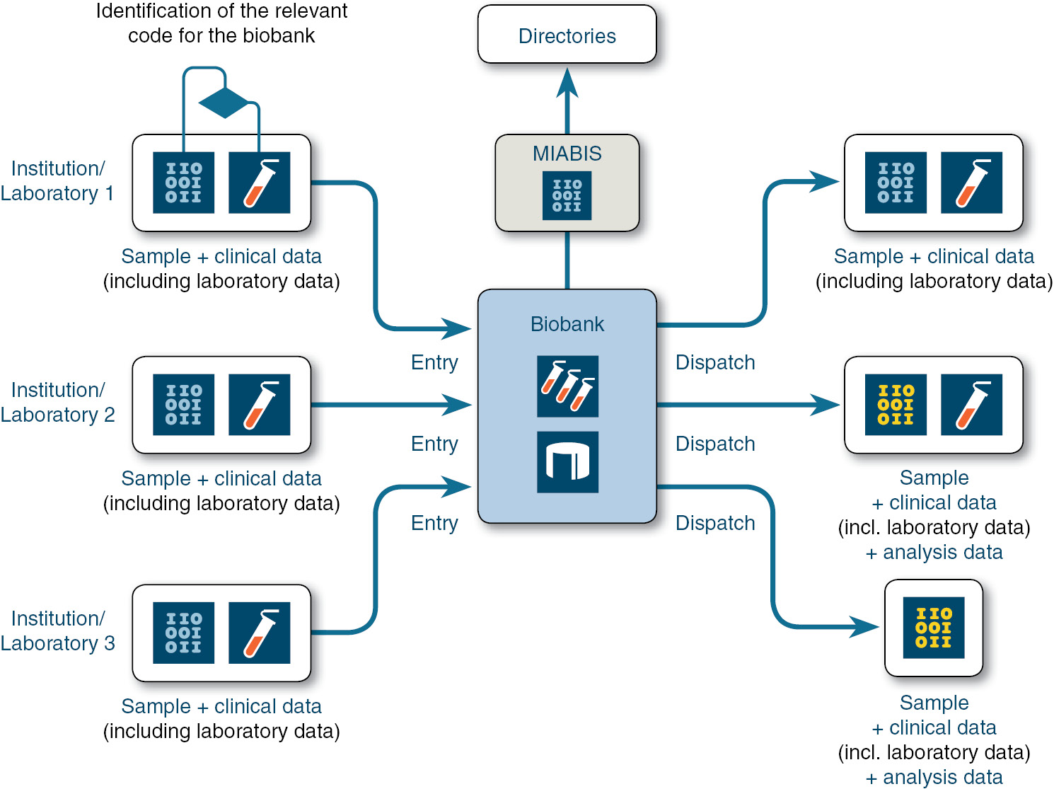 Figure 5: Biobanks as recipients and senders of information that also includes laboratory data.The use of LOINC to identify analyses can contribute to interoperability also in these scenarios.
