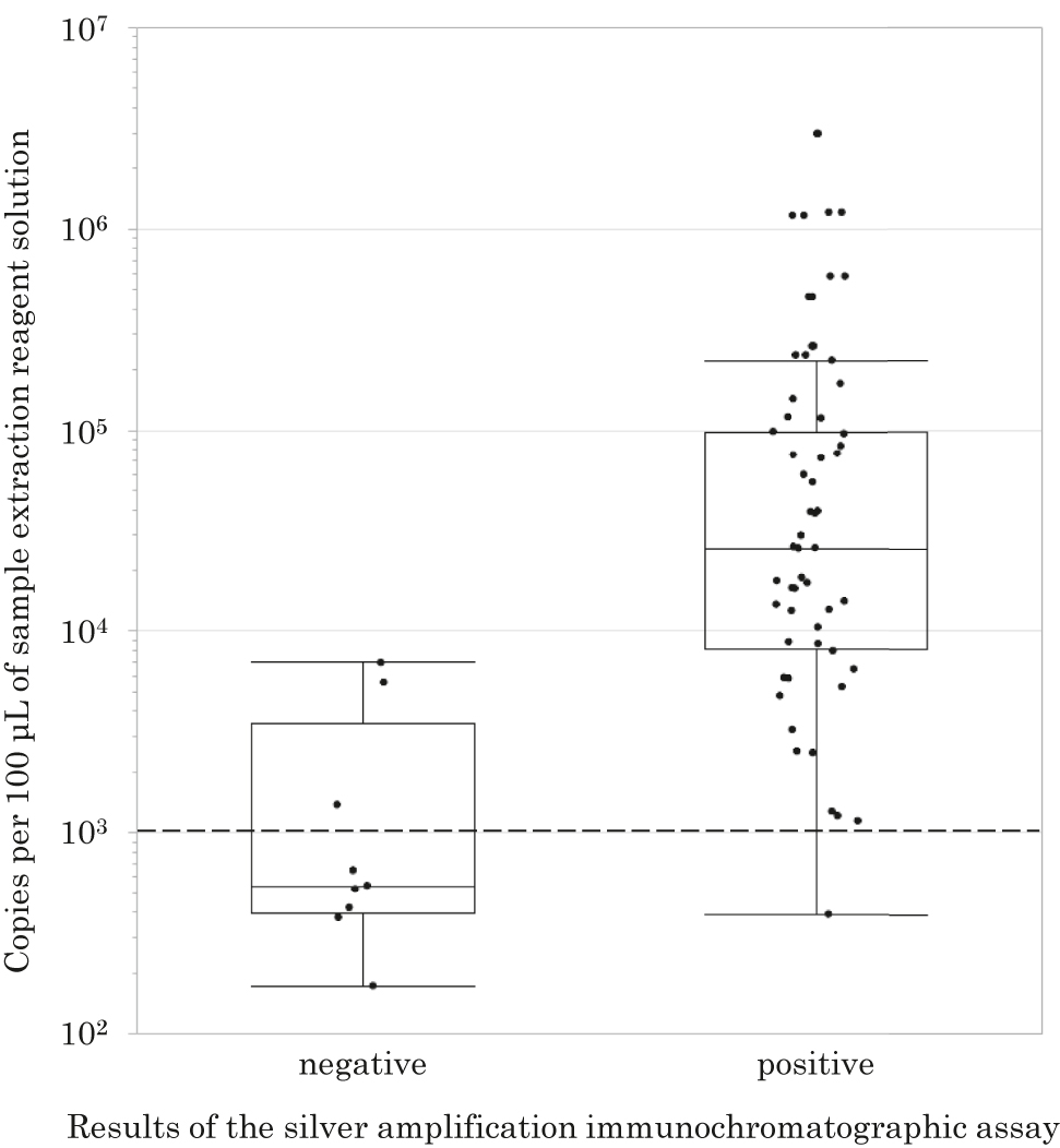 Figure 2: 
Relationship between copy numbers of M. pneumoniae per 100 μL of sample extraction reagent solution and results of the SAI assay.
