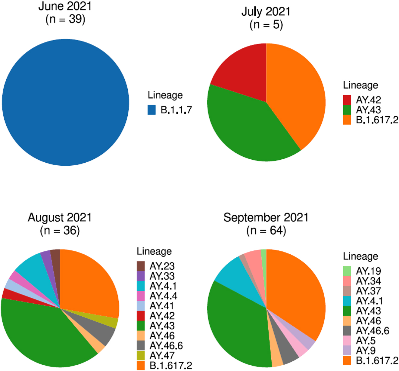 Figure 1:
SARS-CoV-2 lineage distribution from June to September 2021.